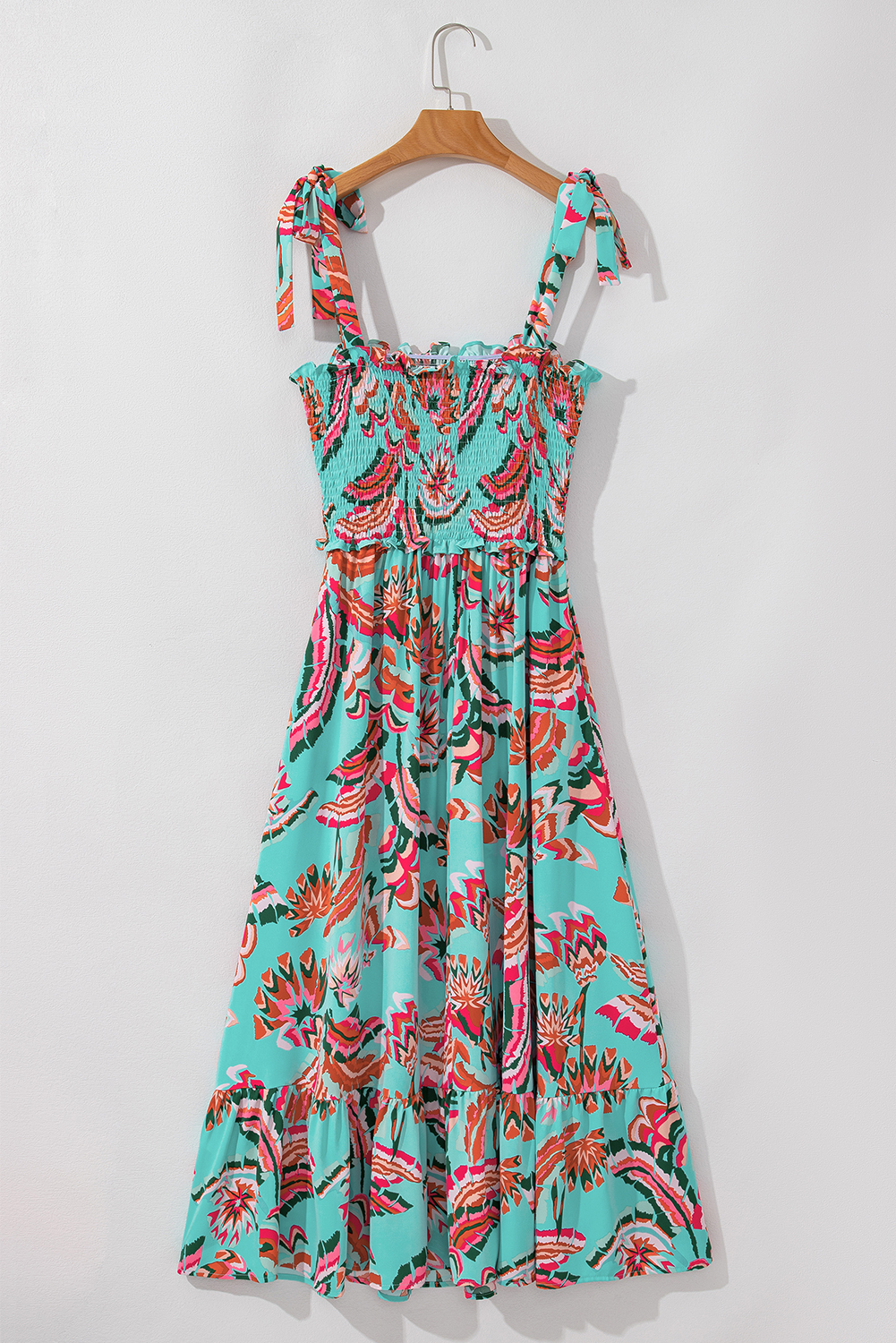 Green Abstract Print Smocked Bodice Knotted Straps Ruffled Maxi Dress - loveforevers