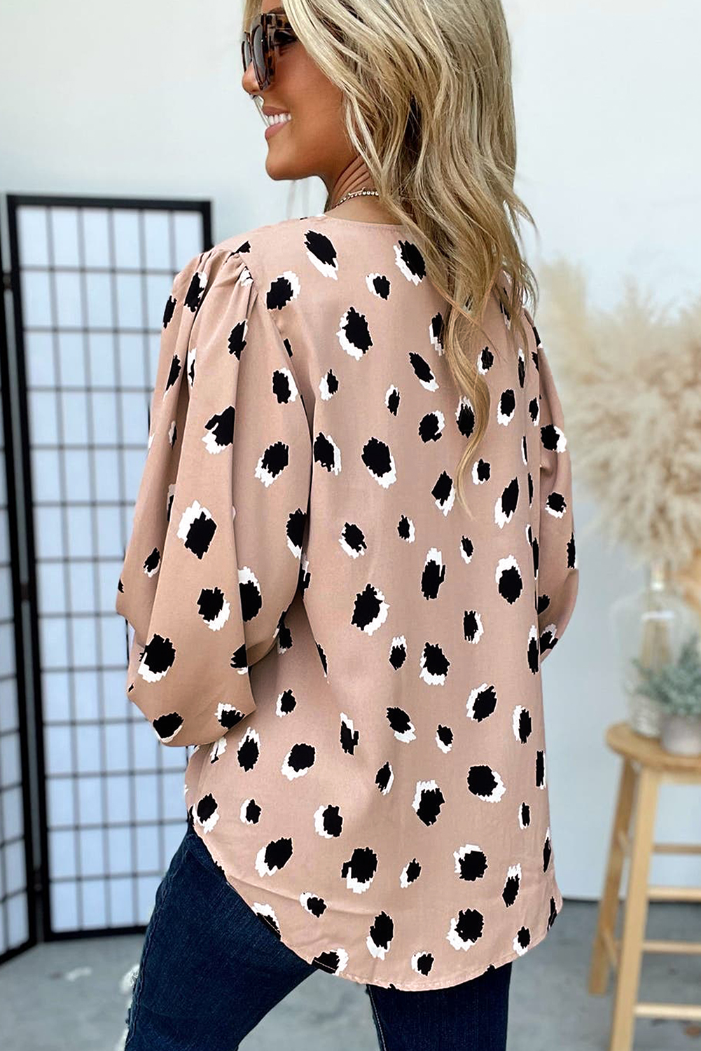 Khaki Classic Leopard V Neck Bracelet Sleeve Blouse - loveforevers