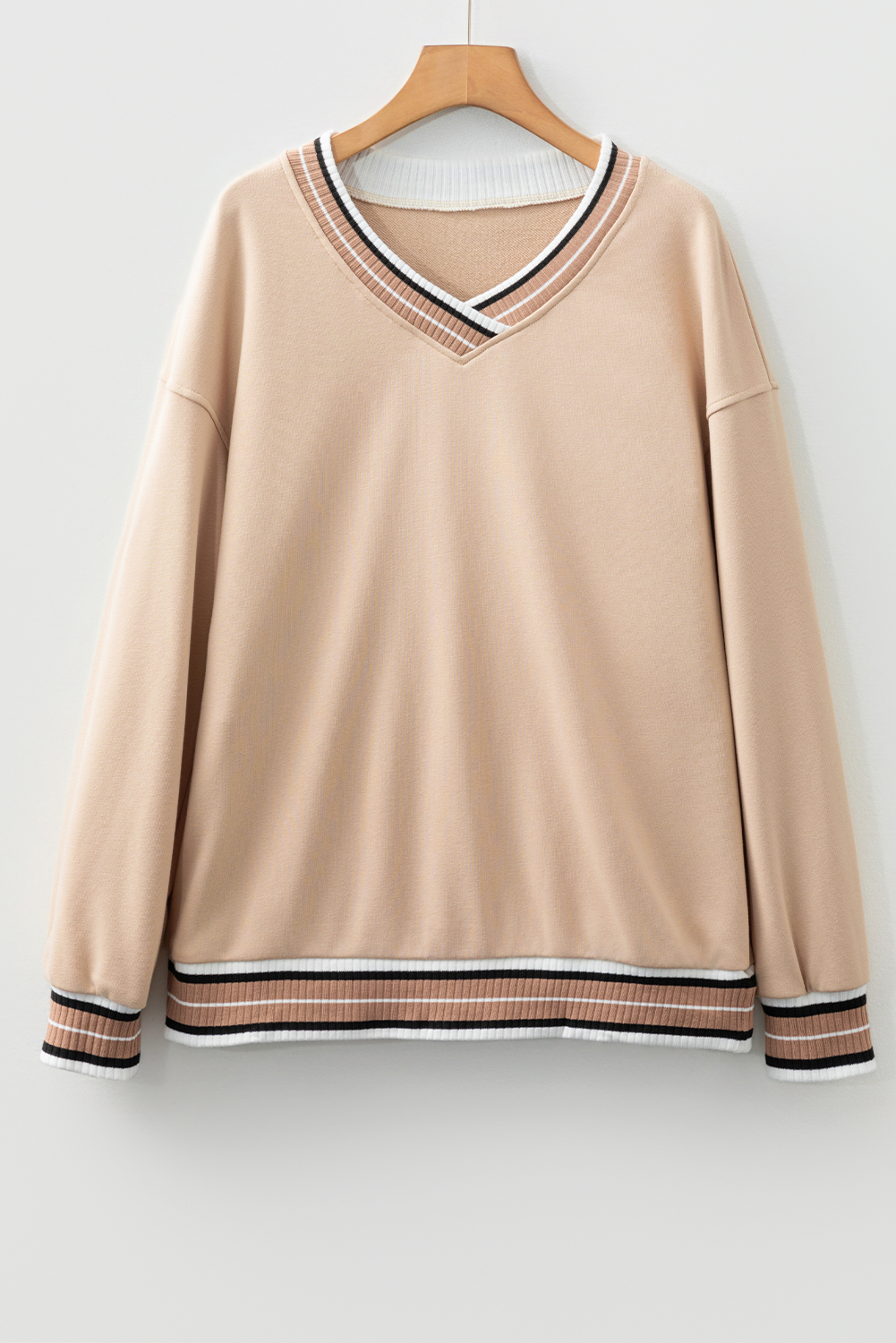 Gray Varsity Contrast Striped Trim V Neck Sweatshirt - loveforevers
