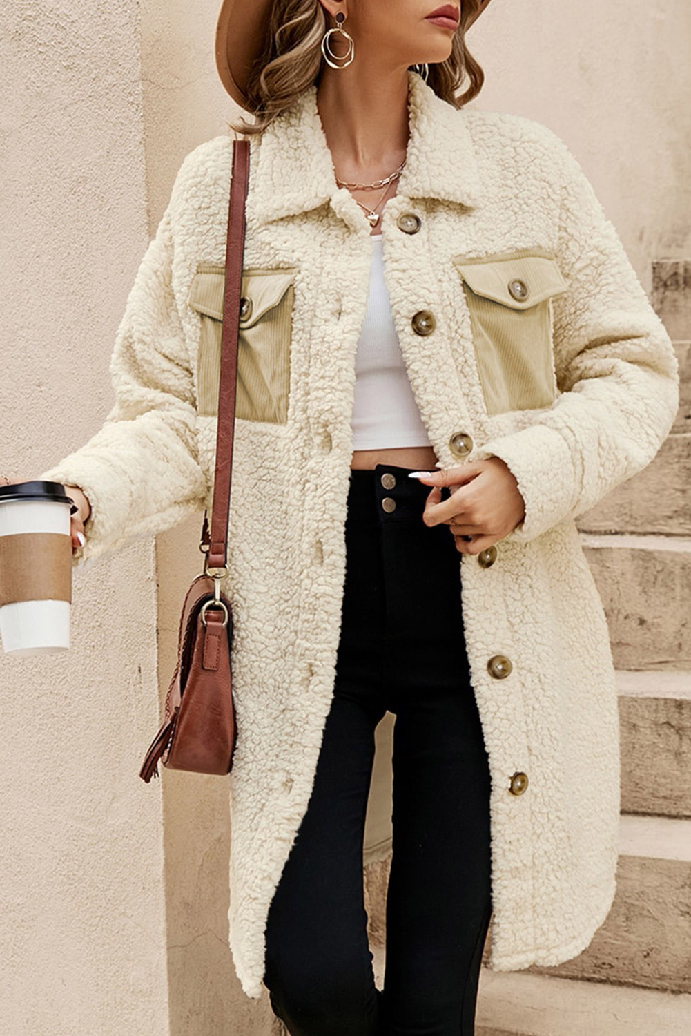 Beige Contrast Flap Pocket Single Breasted Teddy Coat - loveforevers