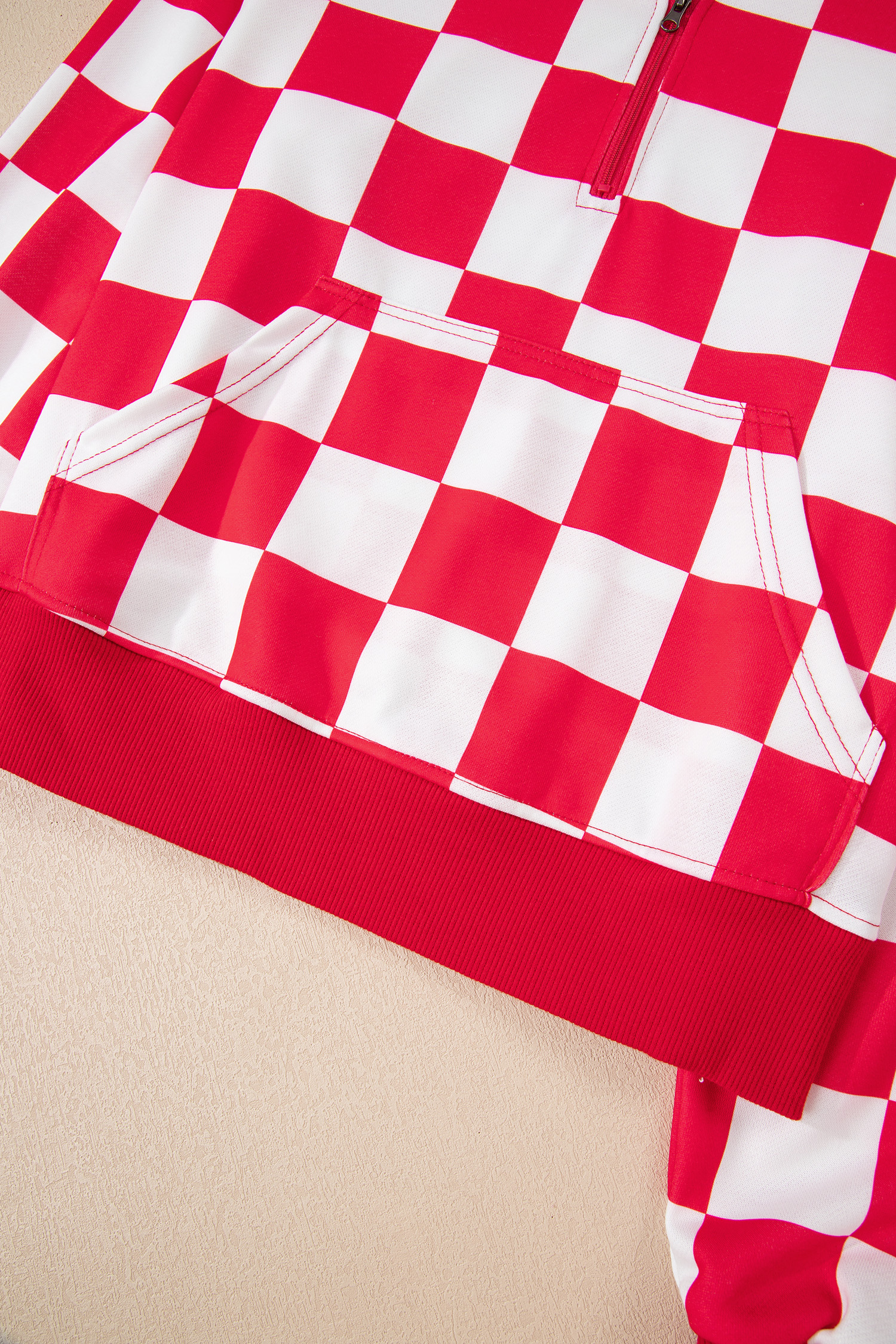 Red Checkered Print Half Zip Hoodie Loose Pant Set - loveforevers