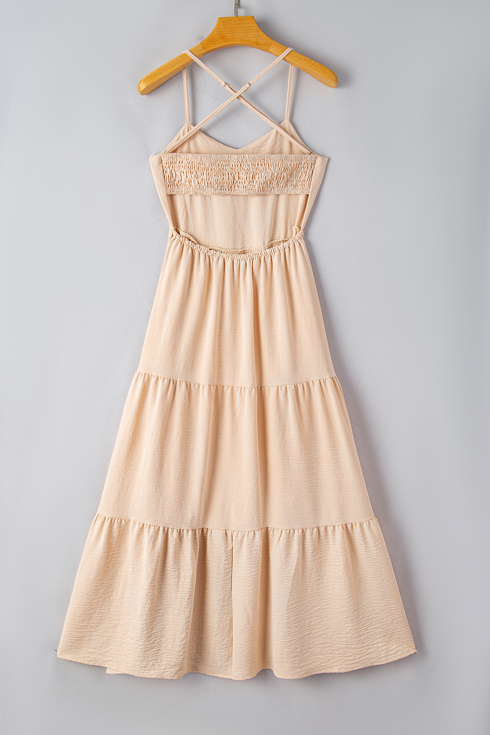 Oatmeal Crossover Backless Bodice Tiered Maxi Dress - loveforevers