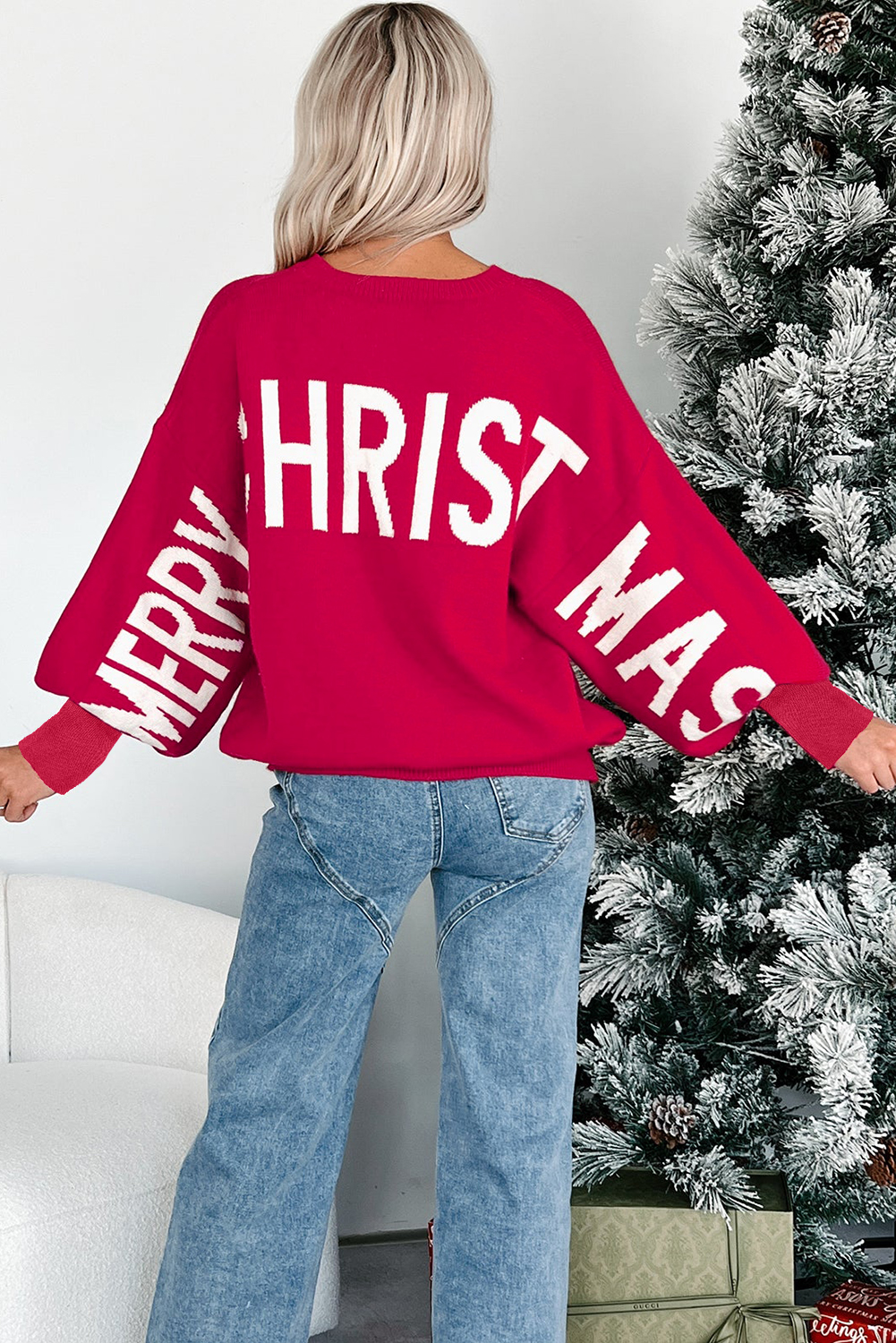 White Chenille Graphic Drop Shoulder Holiday Sweater - loveforevers