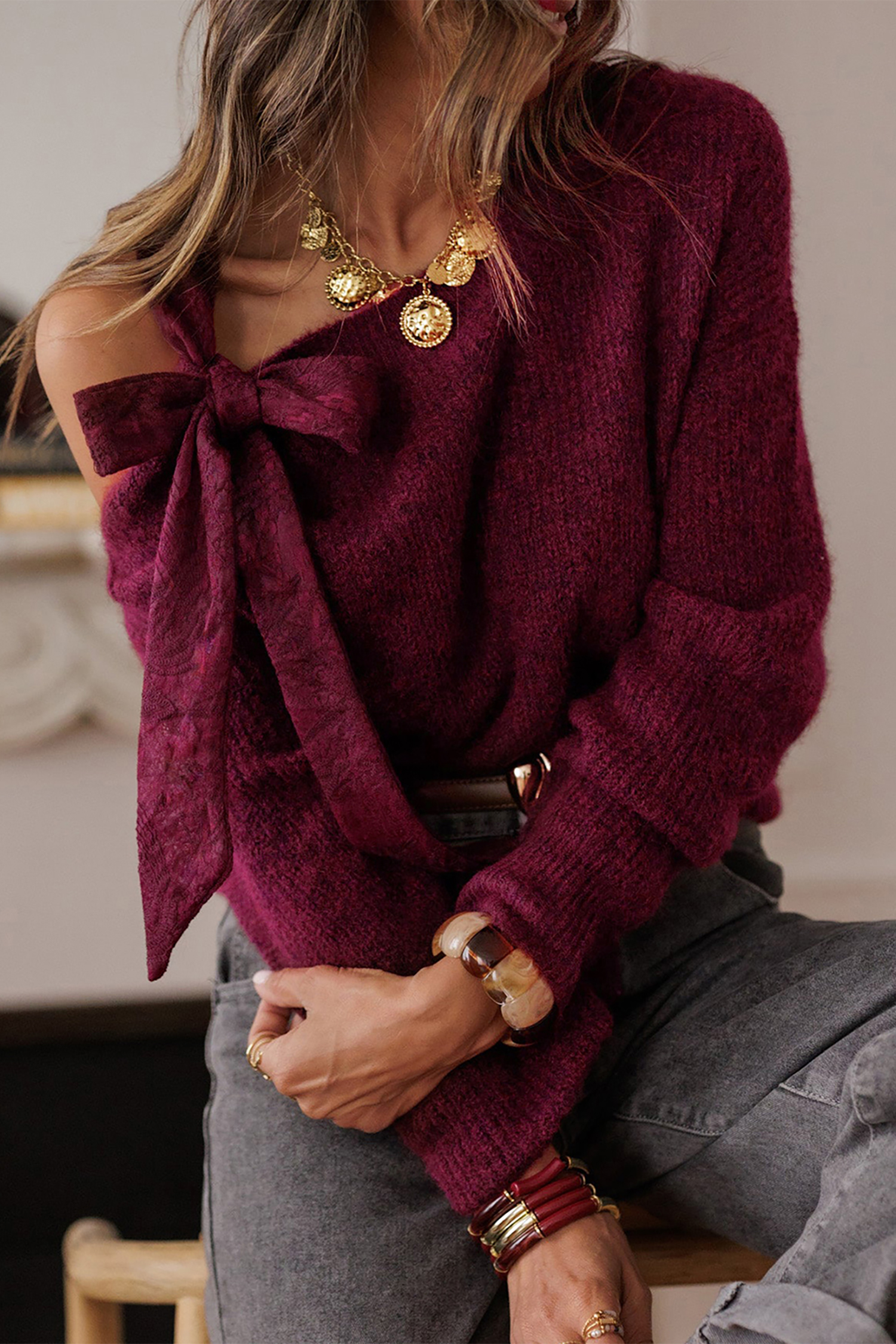 Burgundy Lace Bowknot Asymmetric Neck Sweater - loveforevers