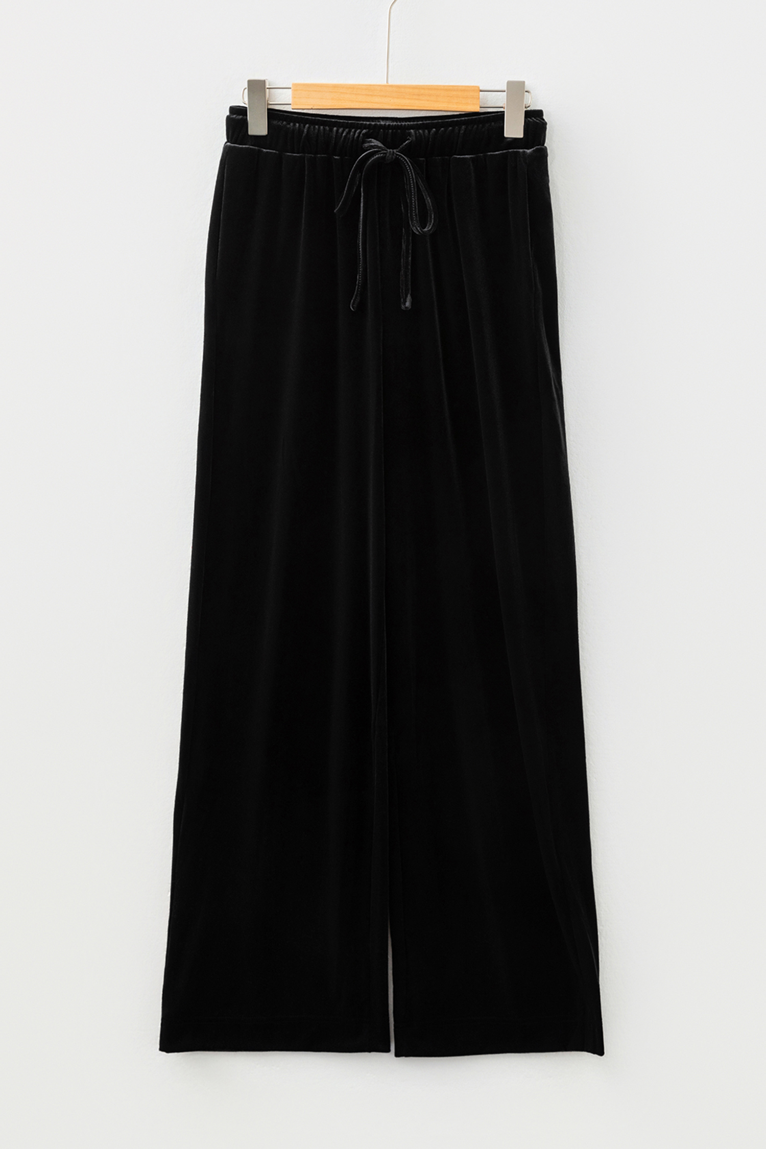 Black Shiny Velvet Drawstring High Waist Straight Leg Casual Pants - loveforevers