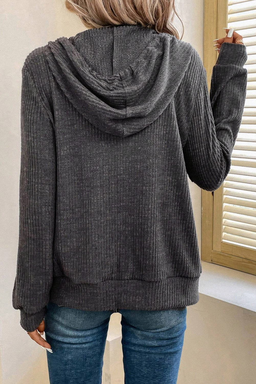 Dark Grey Ribbed Zip Up Front Drawstring Hoodie - loveforevers