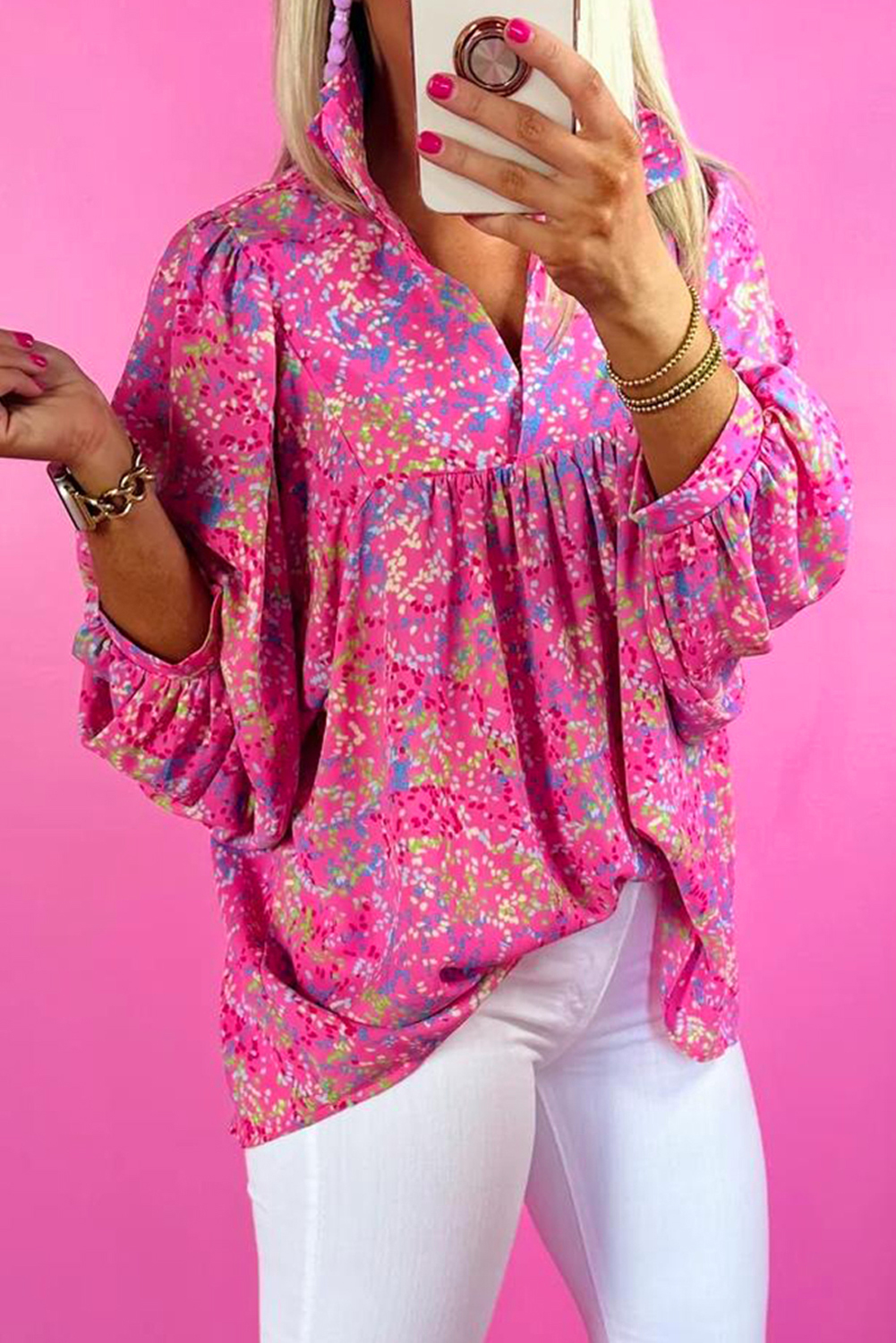 Bonbon Abstract Print Collared V Neck Babydoll Blouse - loveforevers