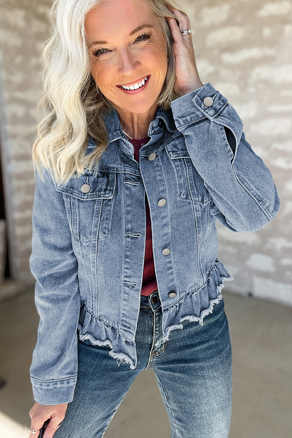 Beau Blue Ruffle Raw Hem Flap Pockets Denim Jacket - loveforevers