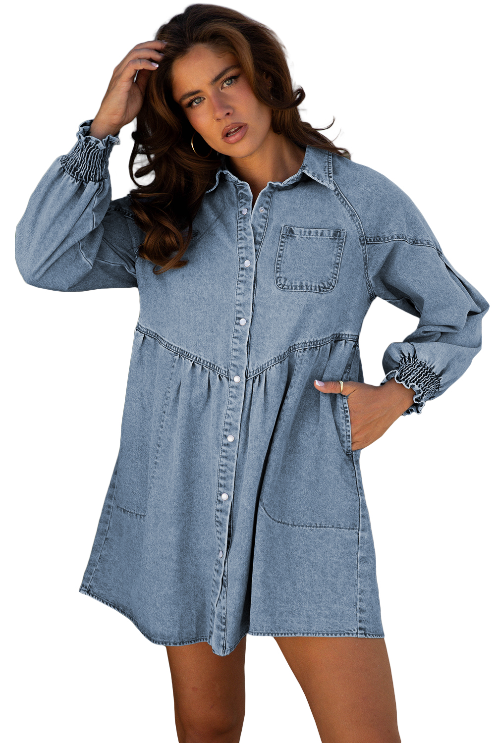 Beau Blue Smocked Cuffs Flared Denim Shirt Mini Dress - loveforevers