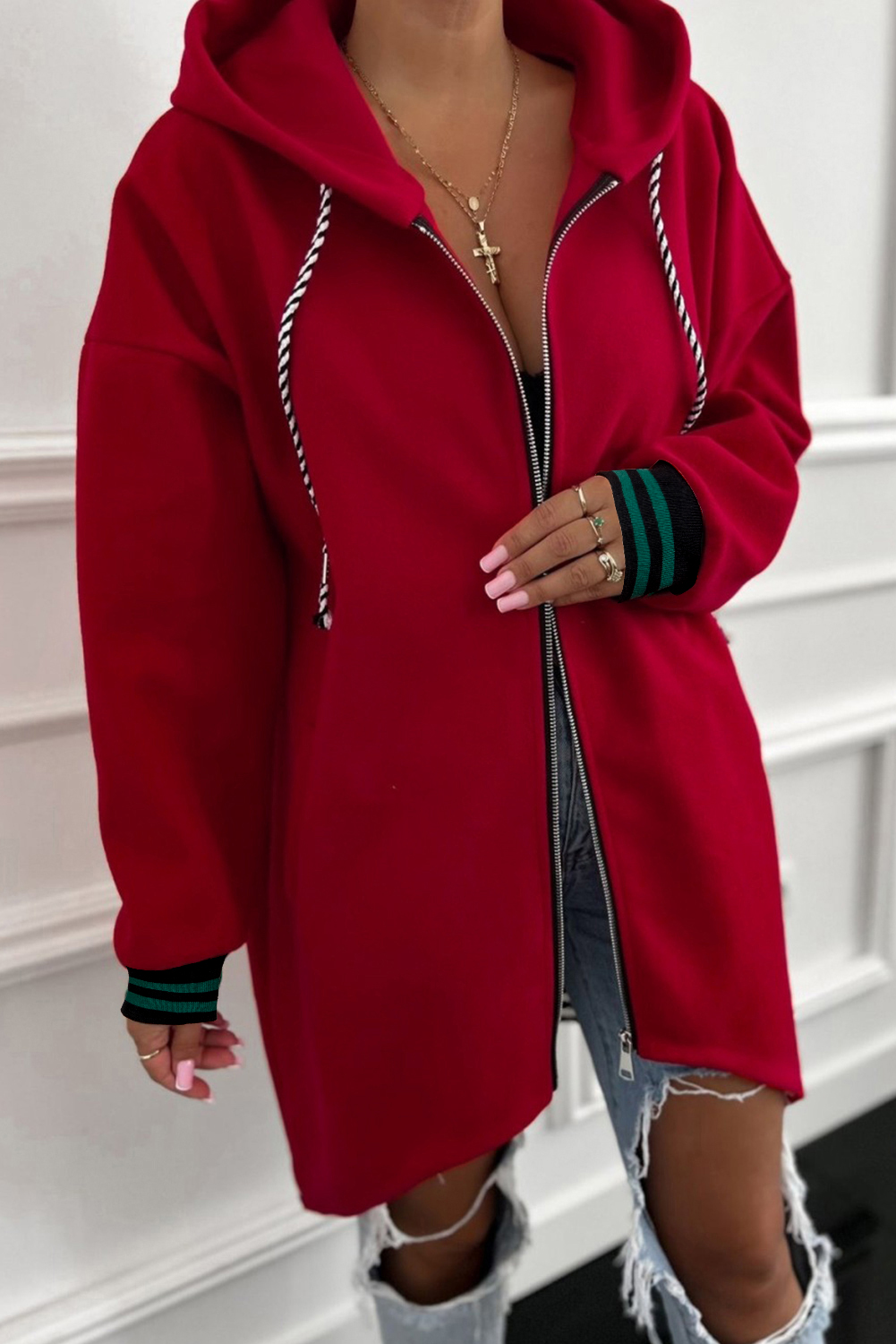 Racing Red Contrast Cuffed Drop Shoulder Zip up Tunic Hoodie - loveforevers
