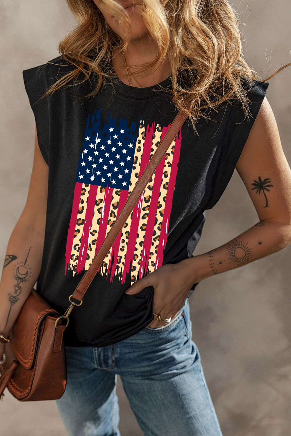 Black Leopard US Flag Printed Sleeveless Cotton Top - loveforevers