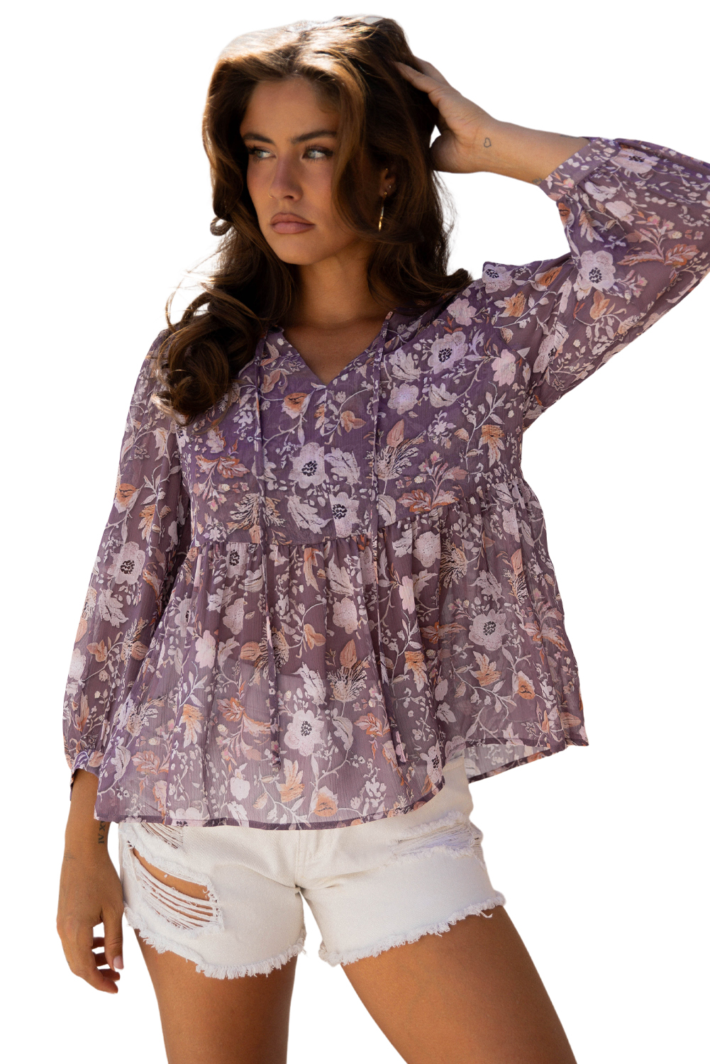Blue Boho Flower Print 3/4 Sleeve Babydoll Blouse - loveforevers