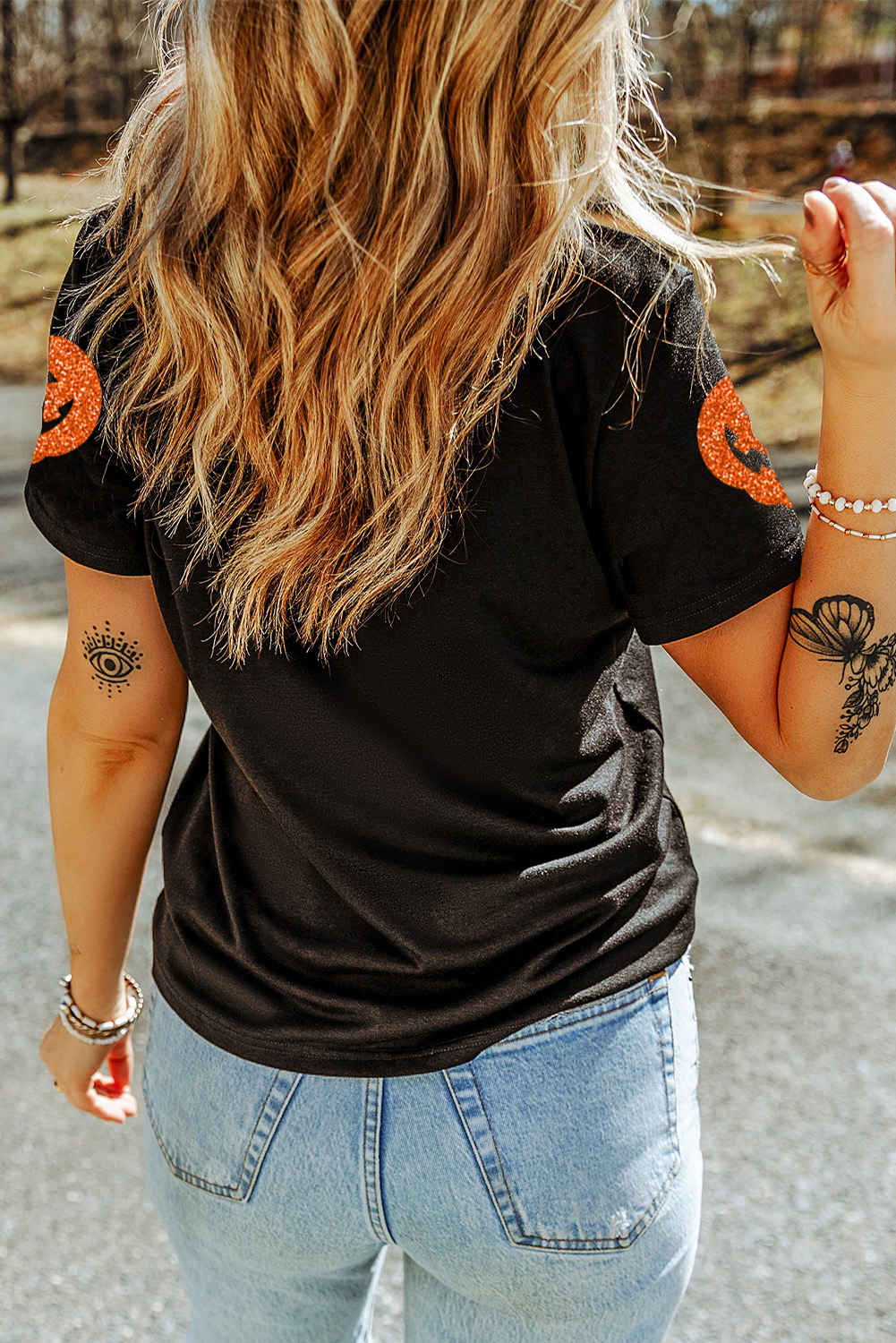Black Glittering Pumpkin Face Graphic Crewneck Halloween T Shirt - loveforevers