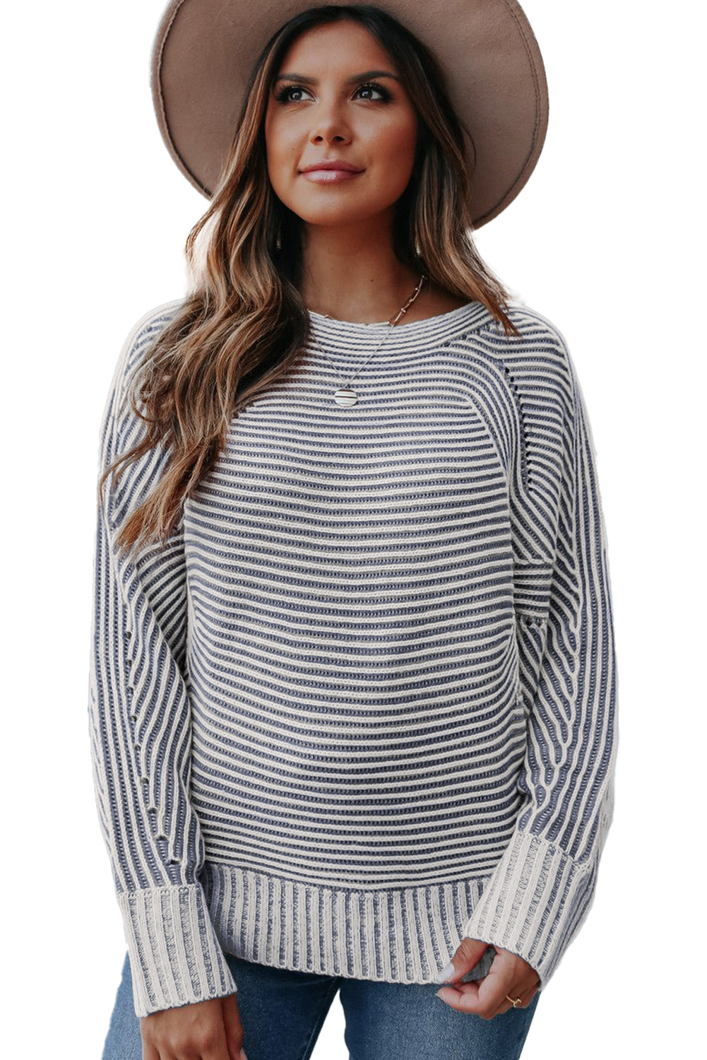 Coffee Striped Print Ribbed Knit Boat Neck Baggy Sweater - loveforevers