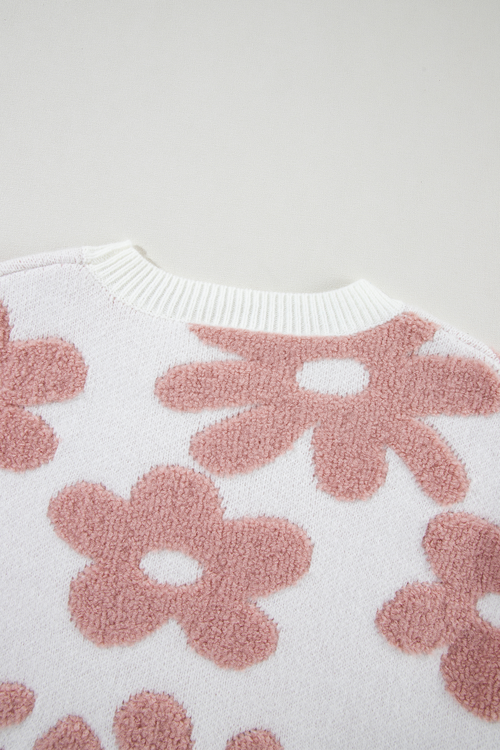 White Textured Flower Drop Shoulder Loose Sweater - loveforevers