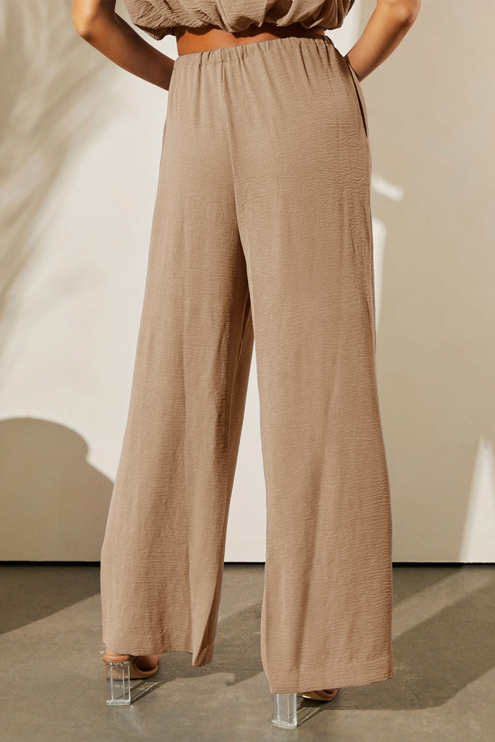 Pale Khaki Solid Color Keyhole Puffy Tank Drawstring Loose Pants 2pcs Outfit - loveforevers