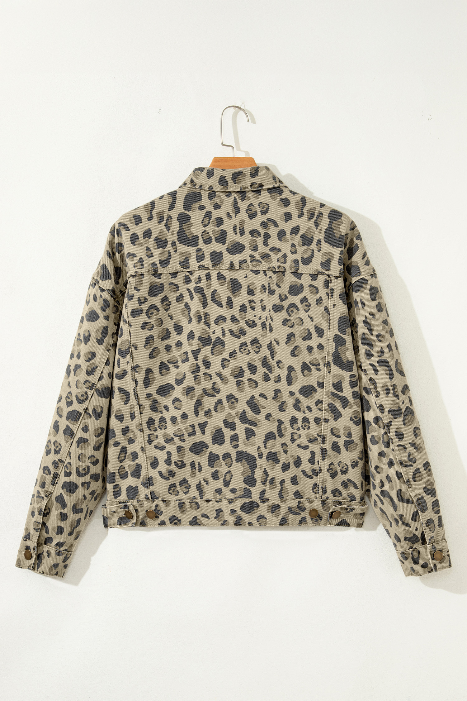 Khaki Retro Leopard Print Seam Detail Button Down Denim Jacket - loveforevers