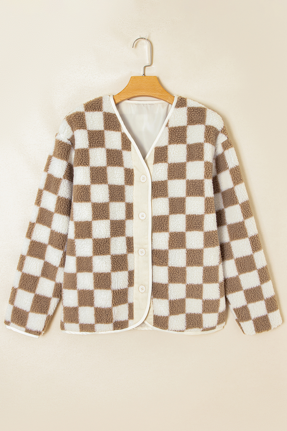 Brown Checkered Sherpa Buttoned Front Chunky Jacket - loveforevers