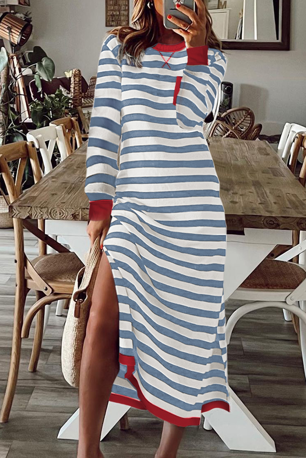 Sky Blue Stripe Striped Print Contrast Edge Long Sleeve Midi Dress with Side Splits - loveforevers