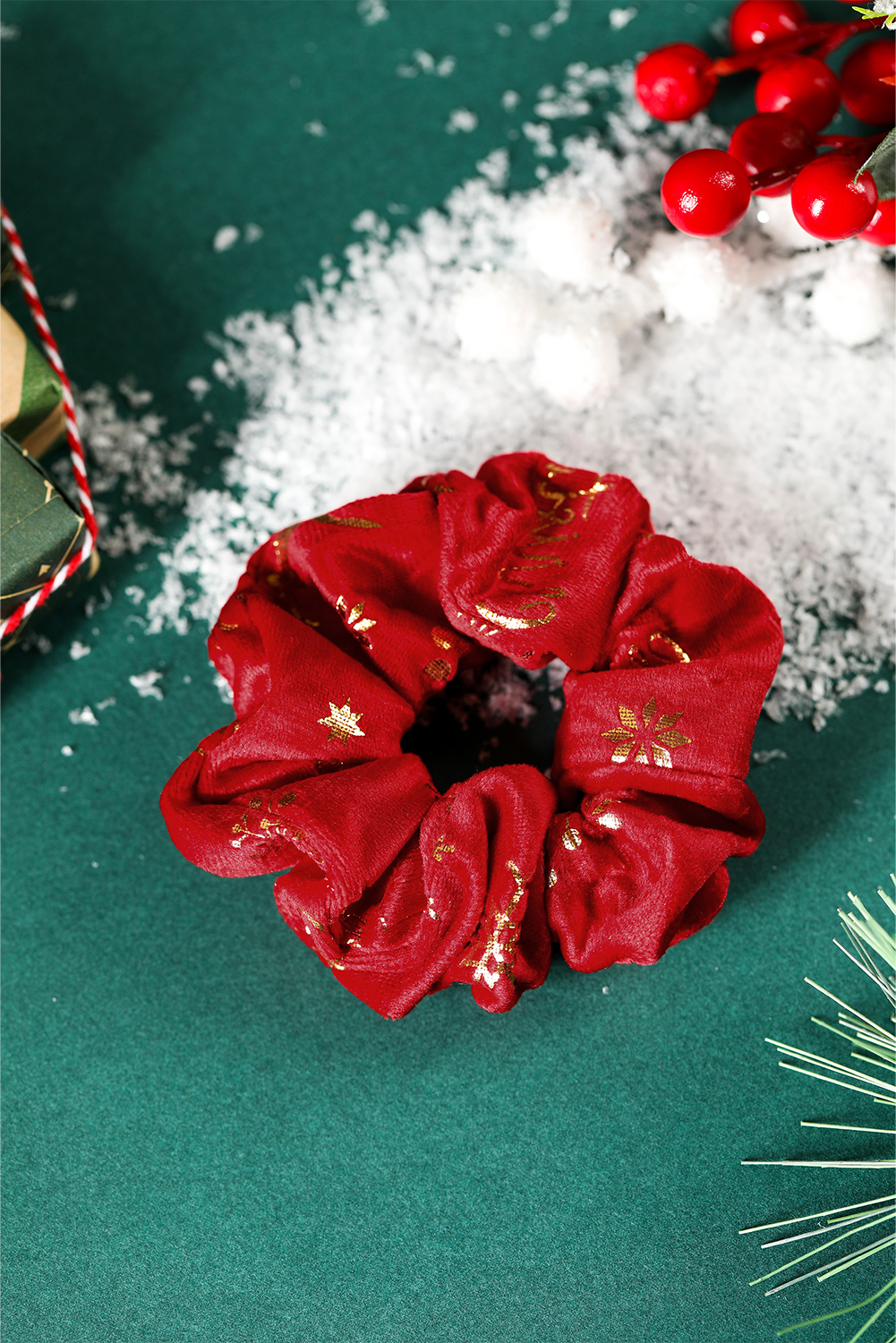 Fiery Red Shimmer Christmas Snowflake Reindeer Print Scrunchie Hair Tie - loveforevers