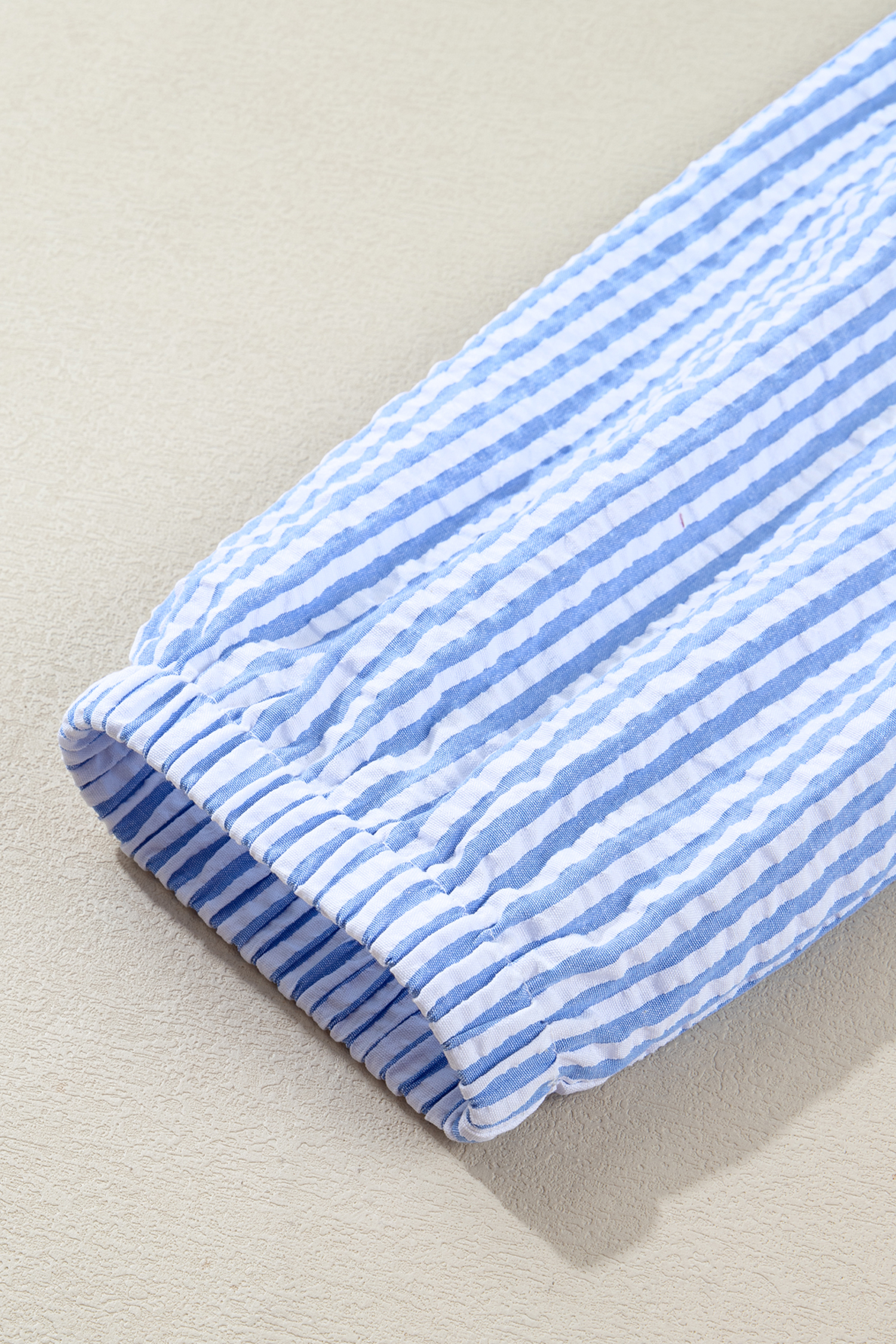 Sky Blue Stripe Seersucker Textured Notched Neck Long Puff Sleeve Tiered Curvy Dress - loveforevers