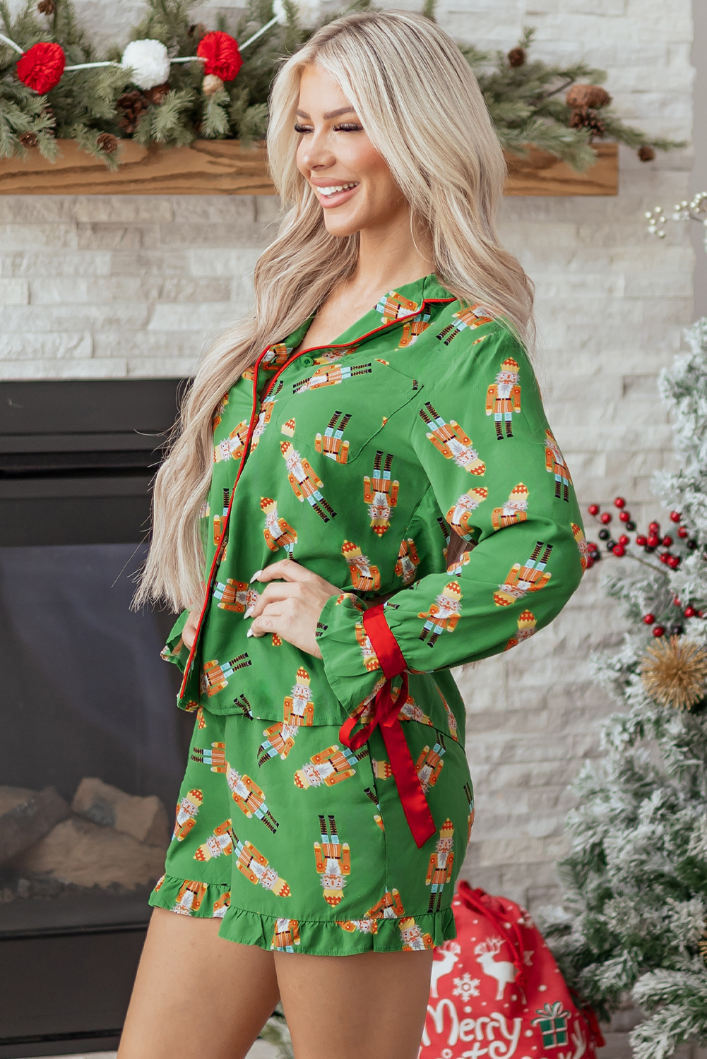 Green Christmas Candy Contrast Trim Bow Knot Silky 2pcs Pajama Set - loveforevers