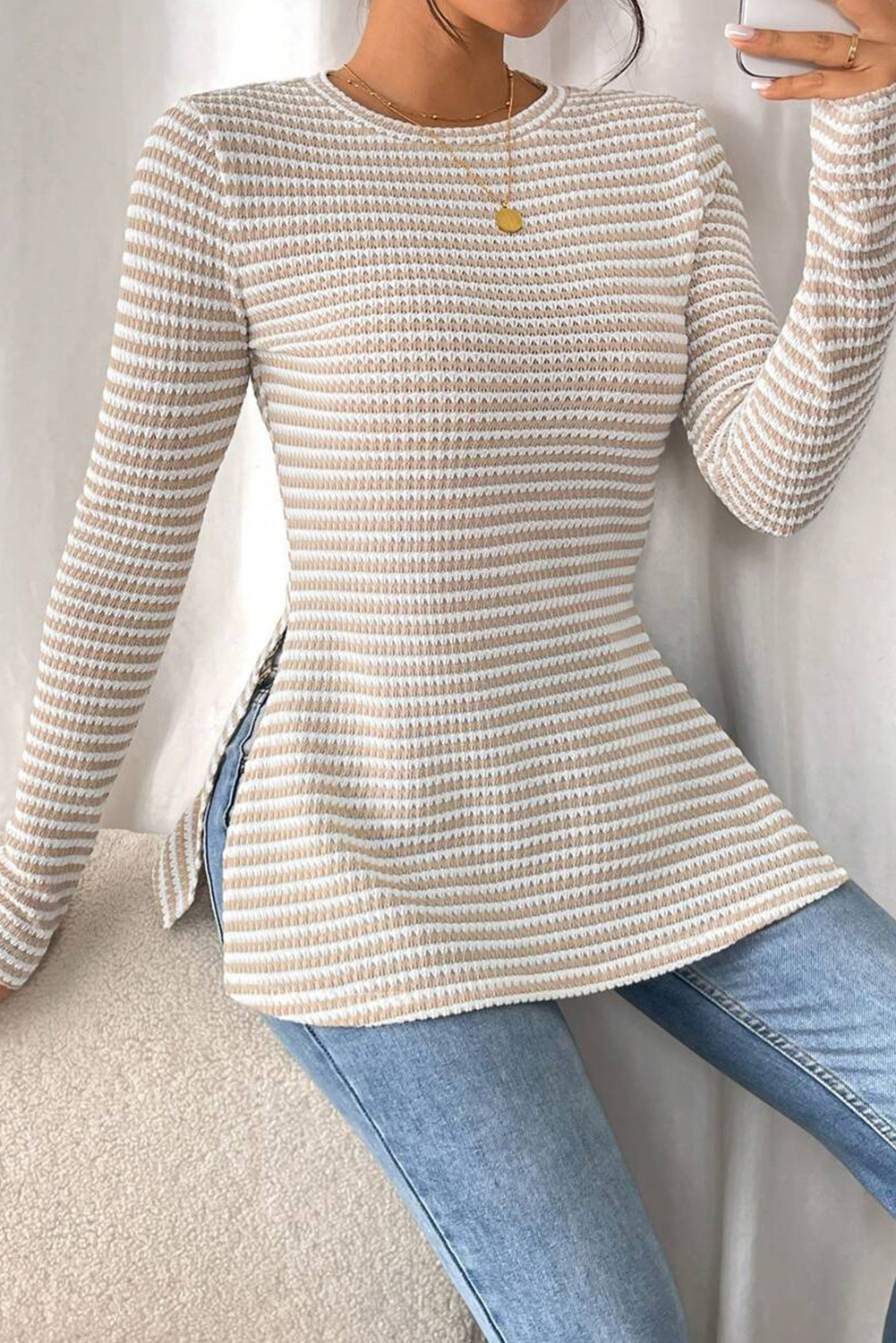 Jet Stream Striped Knit Side Slit Slim Round Neck Tunic Top - loveforevers
