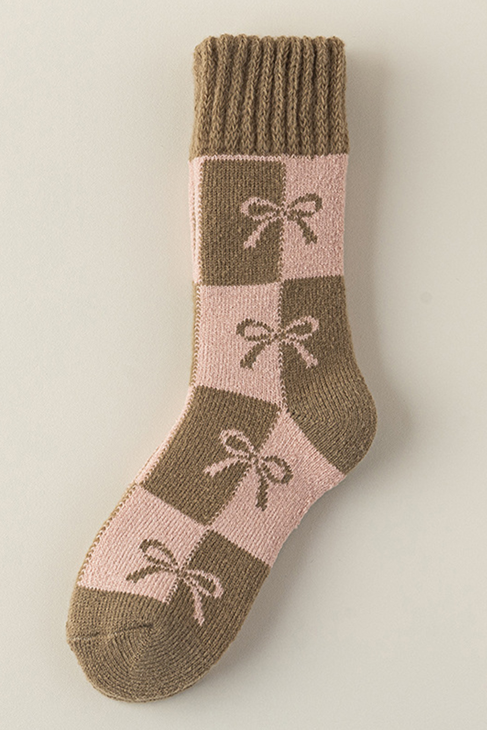 Sage Green Checkered Bowknot Printed Thermal Mid Calf Socks - loveforevers