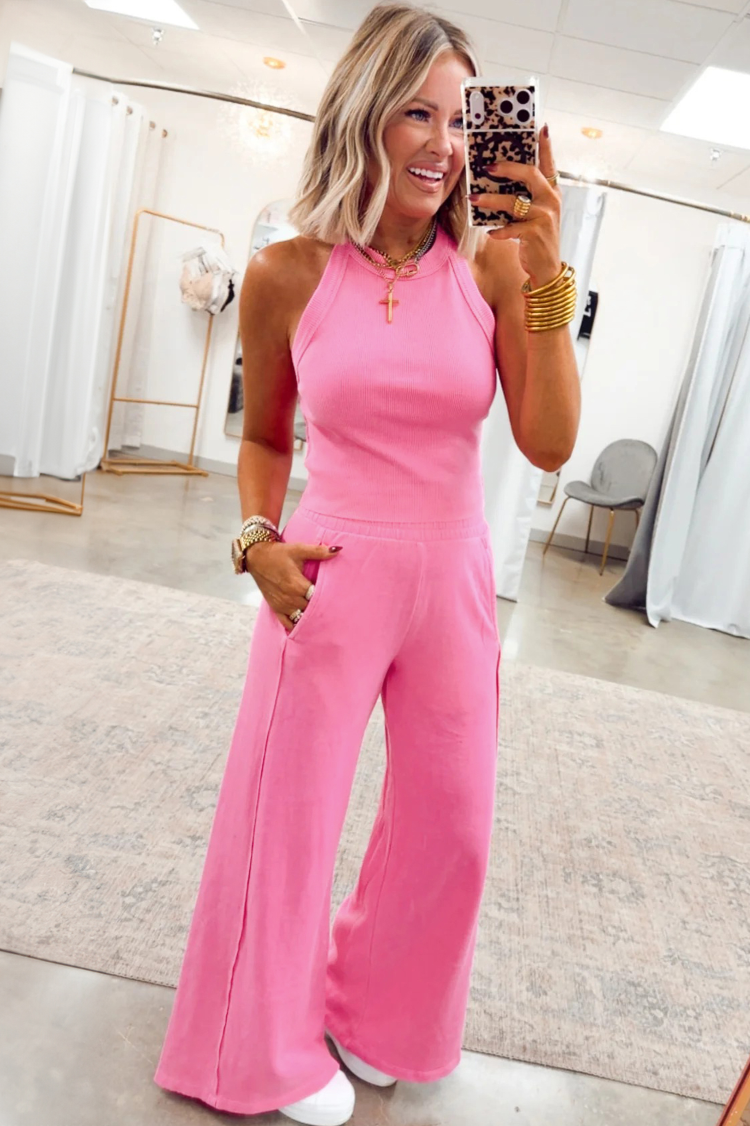 Sachet Pink Slim Ribbed Tank Top and Sweatpants Set - loveforevers