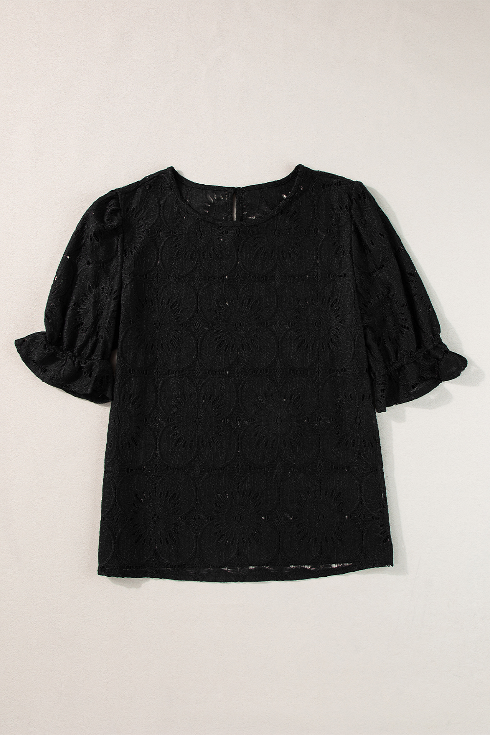 Black Flower Eyelet Jacquard Keyhole Flounce Sleeve Top - loveforevers