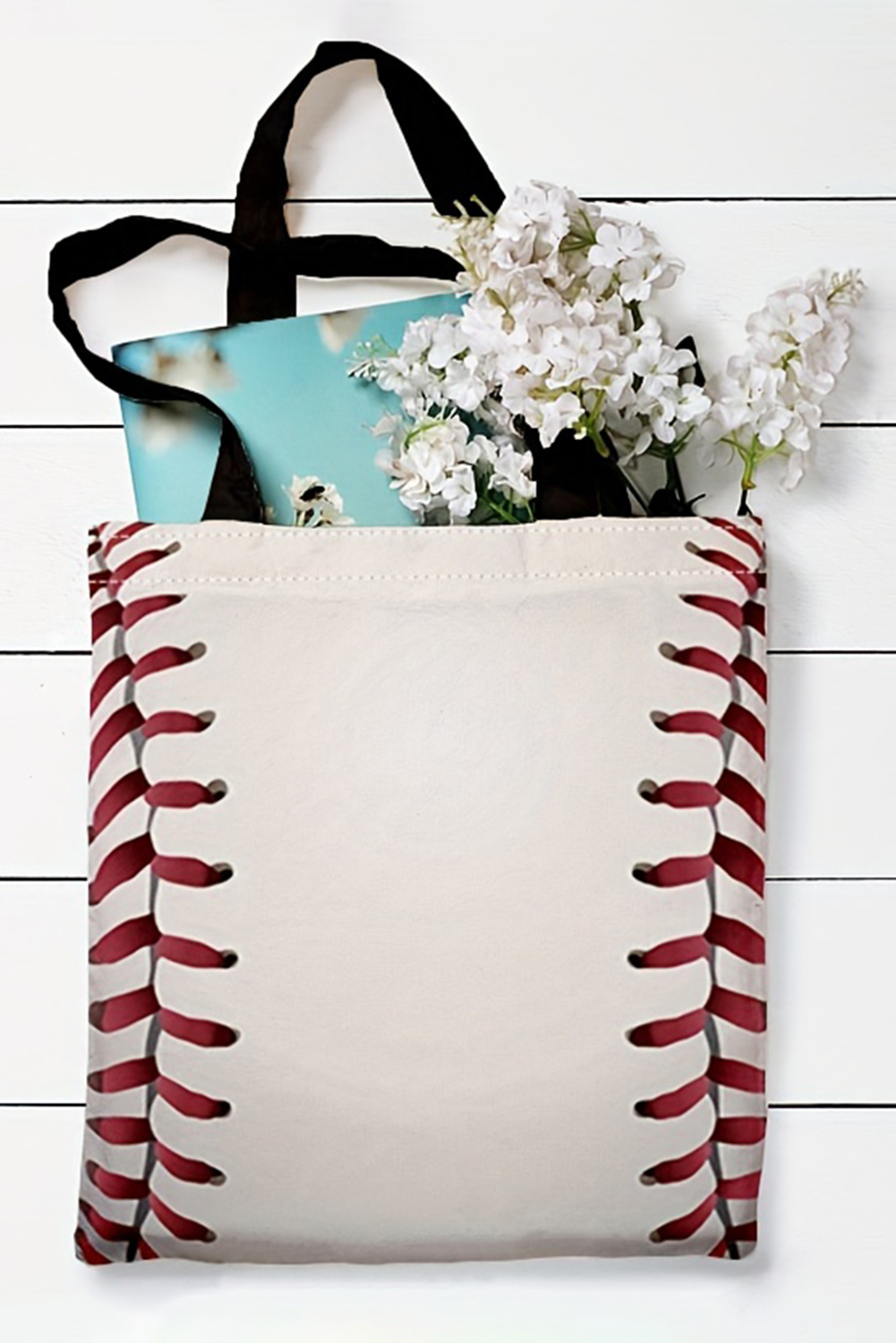 White Baseball Print Canvas Tote Bag - loveforevers