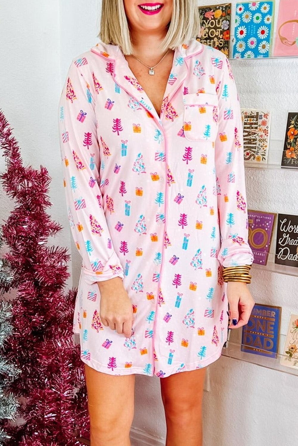 Pink Christmas Twinkle Tree Print Shirt Sleep Dress - loveforevers