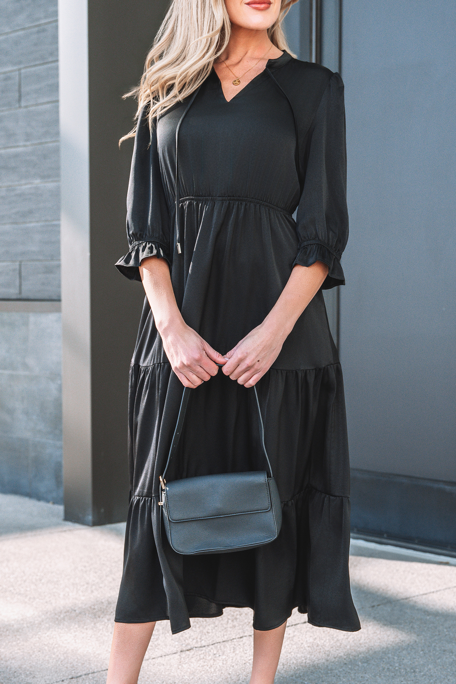 Black Flounced Bracelet Sleeve V Neck Tiered Maxi Dress - loveforevers