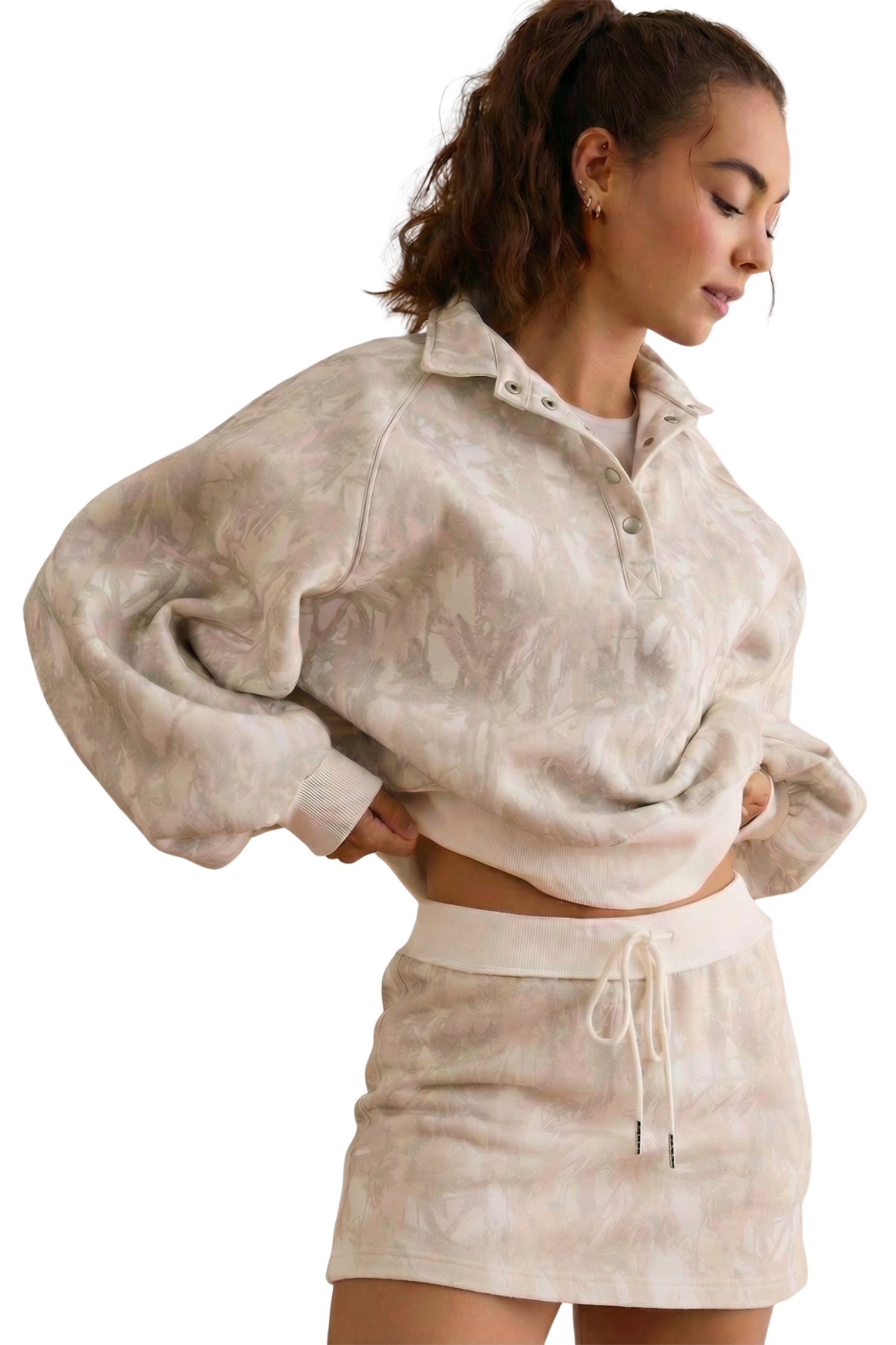 White Abstract Woodland Print Balloon Sleeve Pullover Drawstring Mini Skort Set - loveforevers