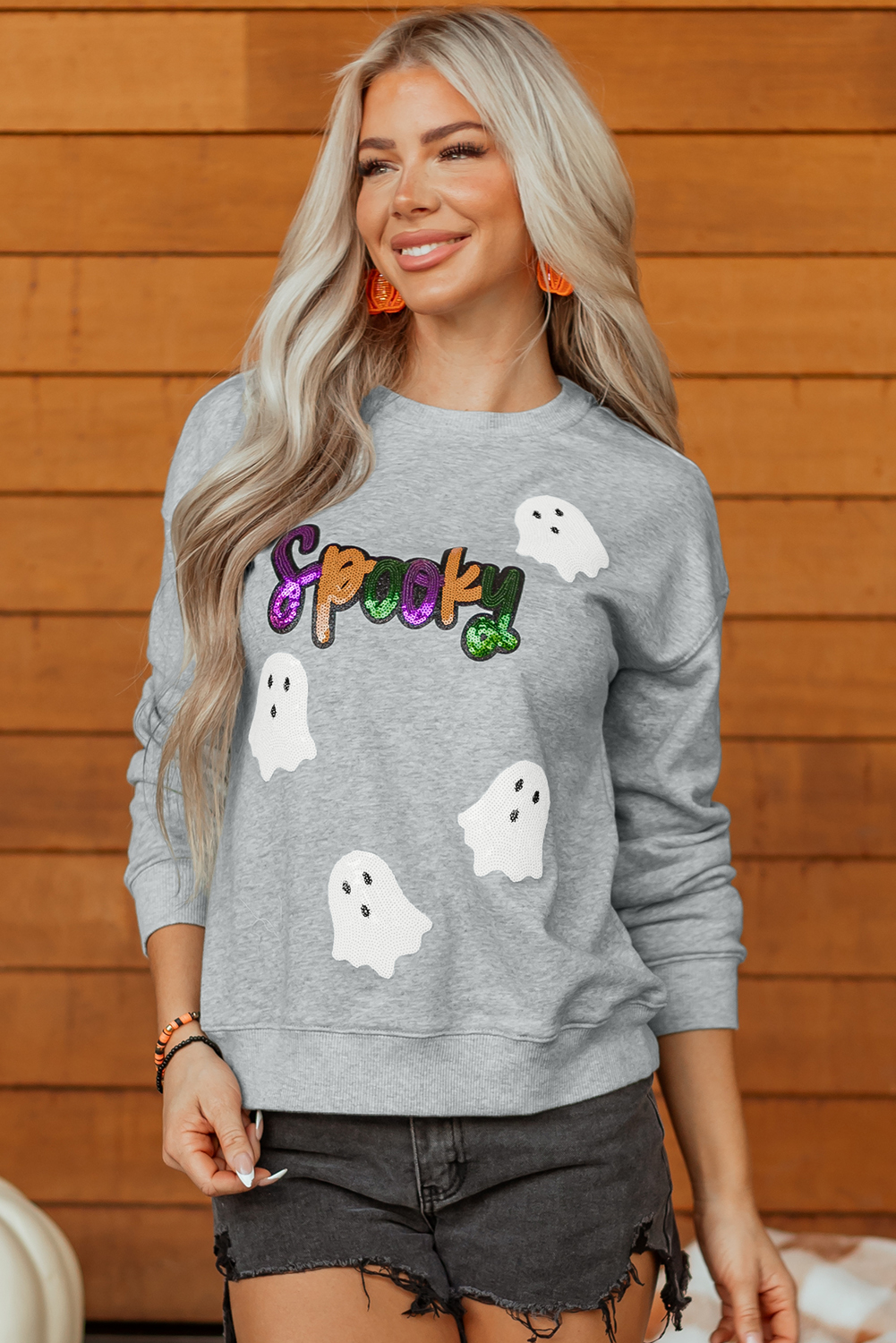 Gray Spooky Halloween Ghost Sequin Patched Sweatshirt - loveforevers