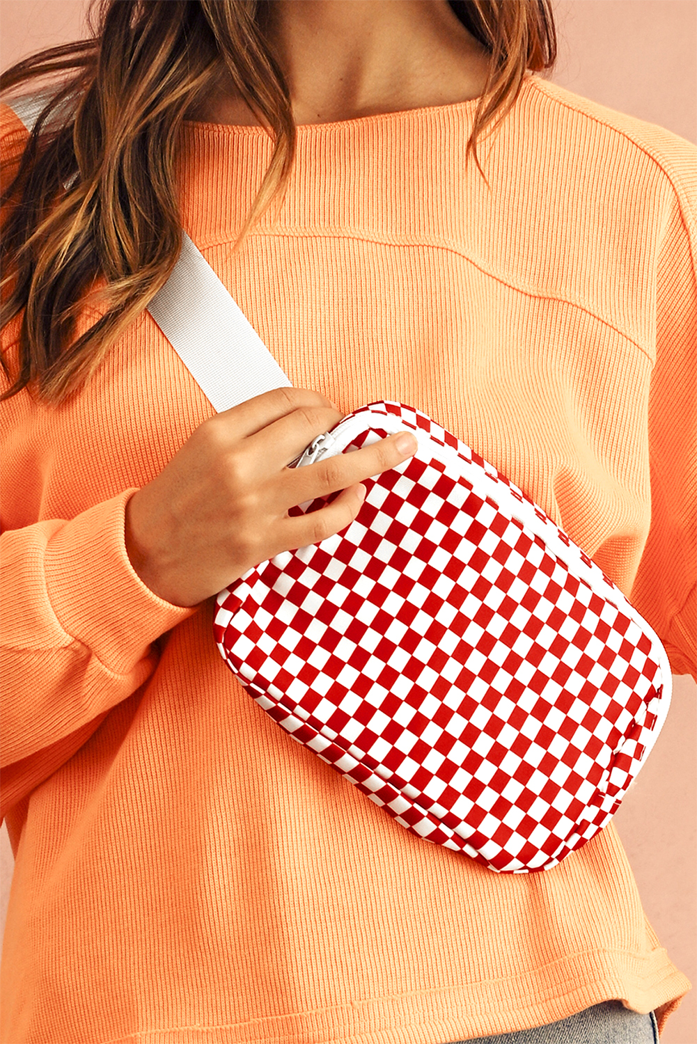Fiery Red Checkered Print Zipped Buckle Strap Crossbody Bag - loveforevers