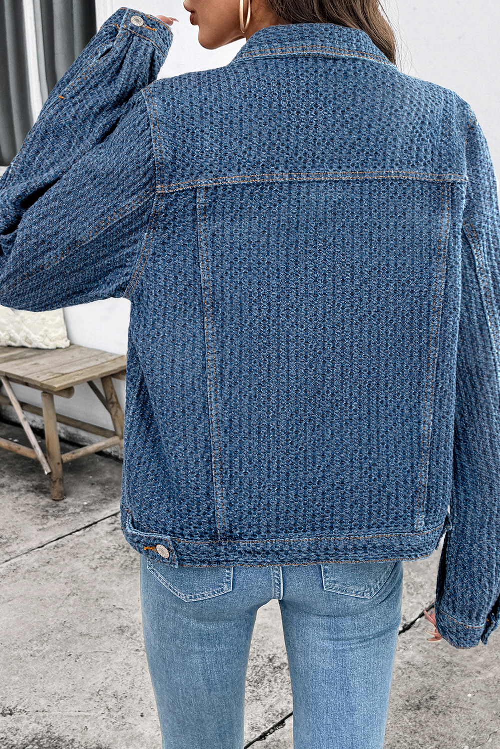 Blue Double Flap Pocket Denim Textured Button Down Jacket - loveforevers
