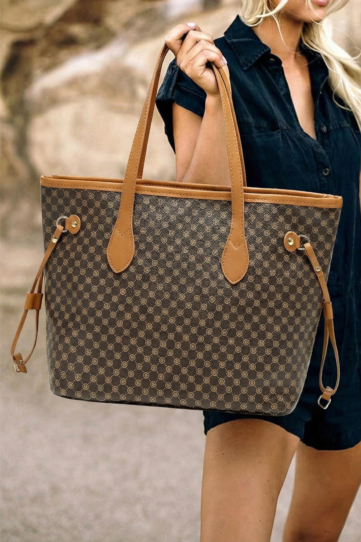 Coffee Luxury Fashion Print PU Leather Versatile One Shoulder Tote Bag - loveforevers