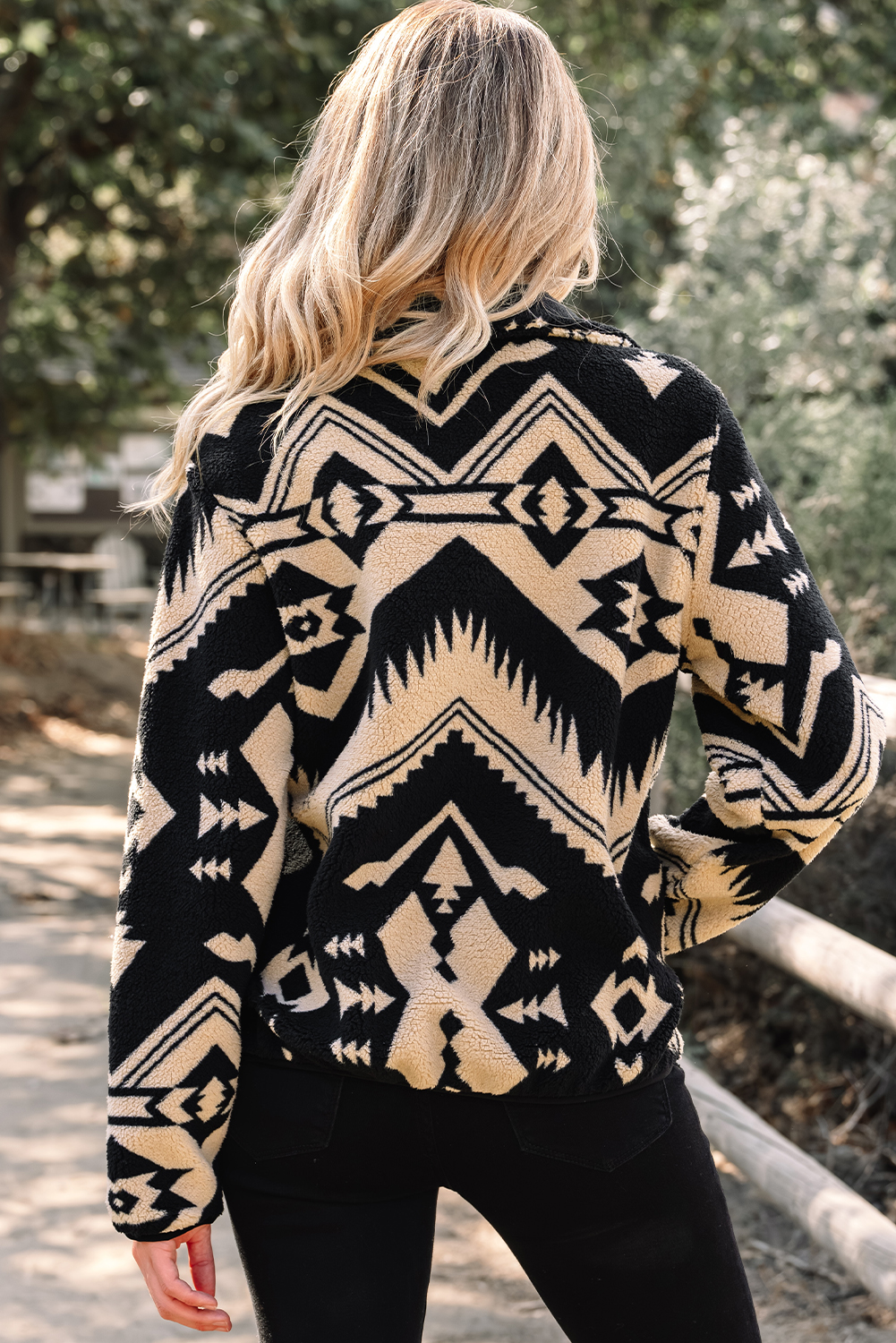 Black Western Aztec Half Placket Plush Sweatshirt - loveforevers