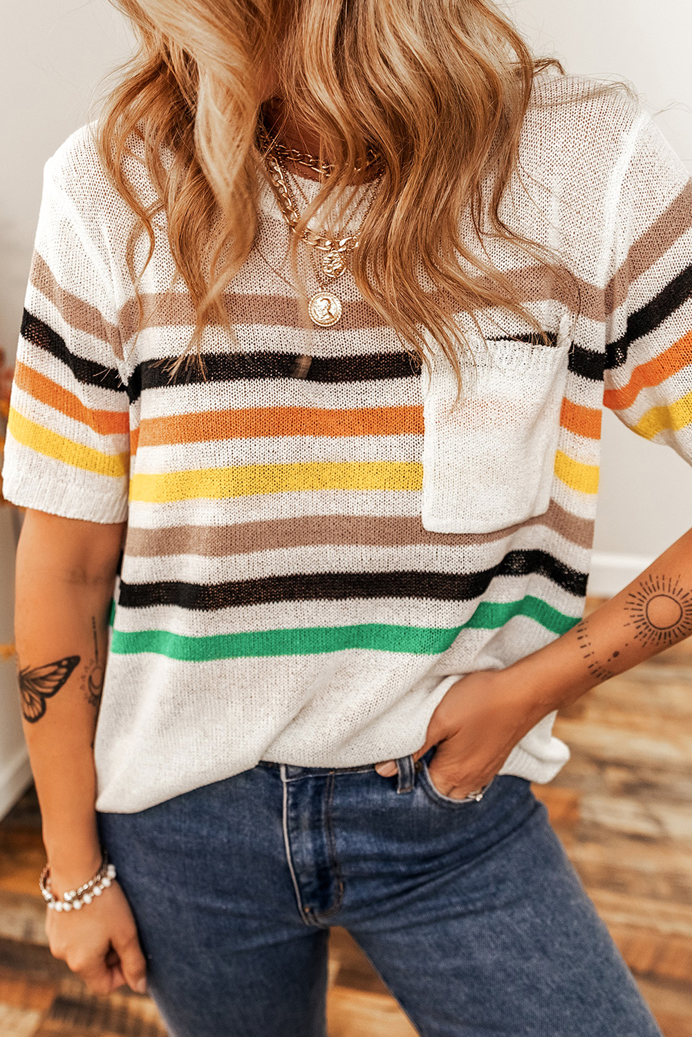 White Striped Pocketed Loose Fit Crewneck Knitted T Shirt - loveforevers