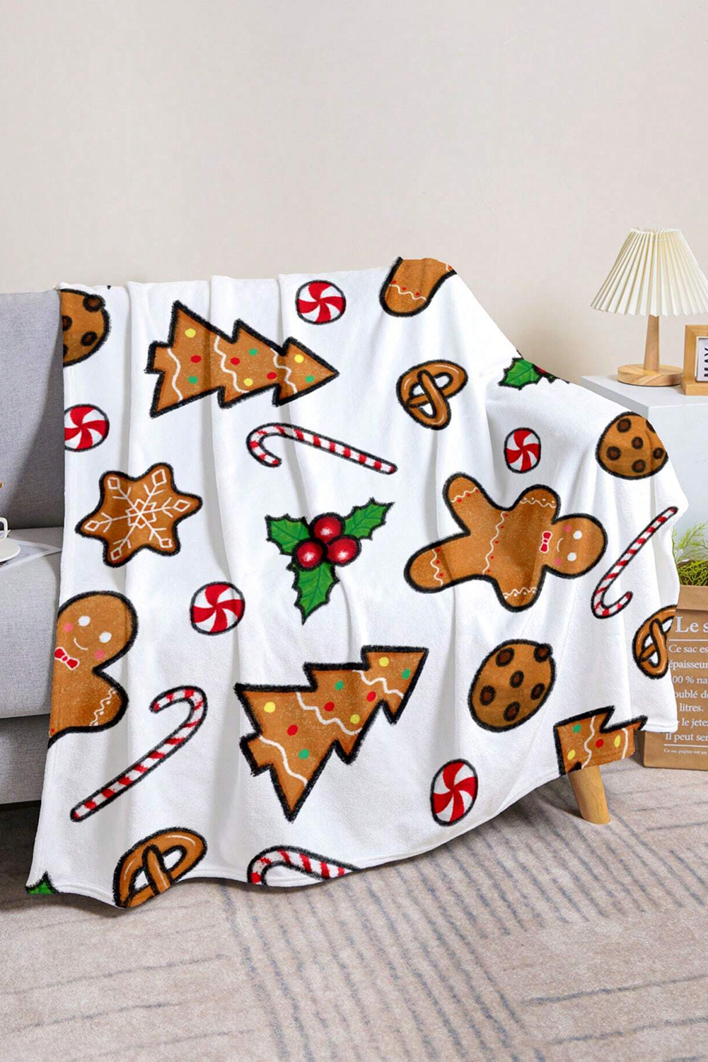 White Christmas Gingerbread Man Candy Elements Printed Blanket - loveforevers