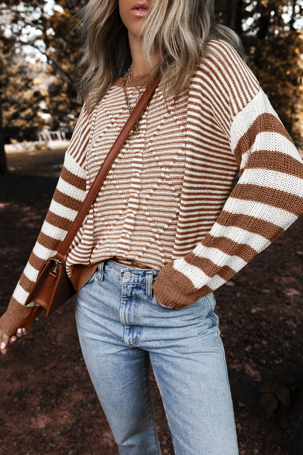 Gray Stripe Geometric Textured Drop Shoulder Sweater - loveforevers