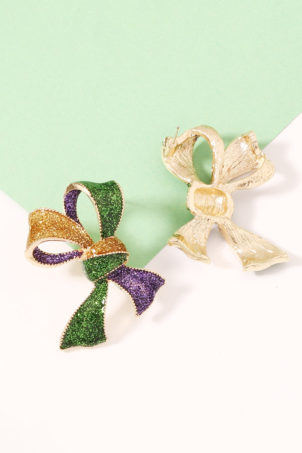 Tillandsia Purple 3D Mardi Gras Bow Dazzling Earrings - loveforevers