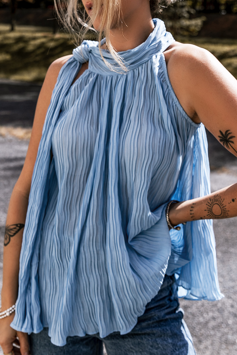 Myosotis Textured Pleated Tied Mock Neck  Flowy Tank Top - loveforevers