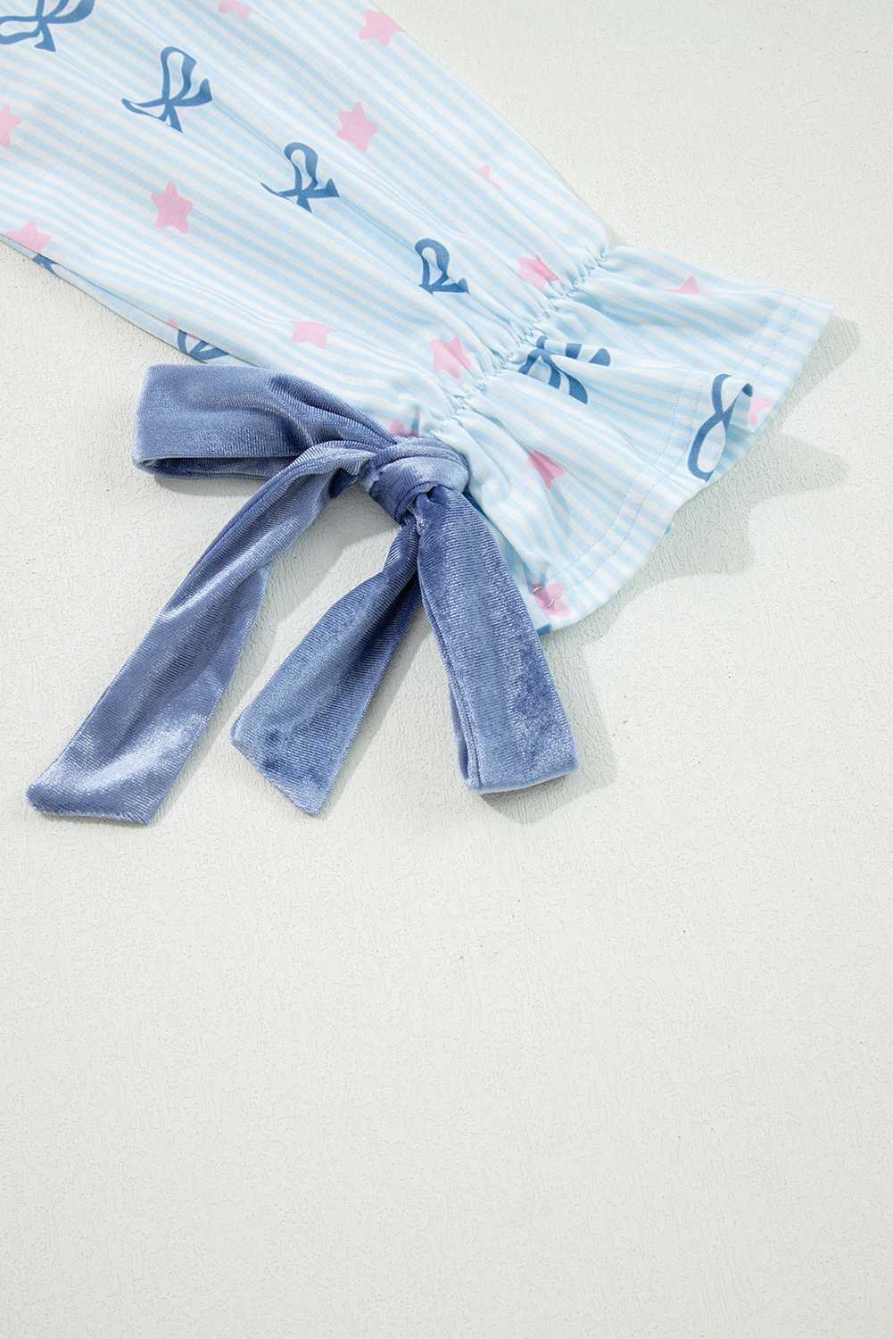 Sky Blue Stripe Bow Star Print Tied Detail 2pcs Lounge Set - loveforevers