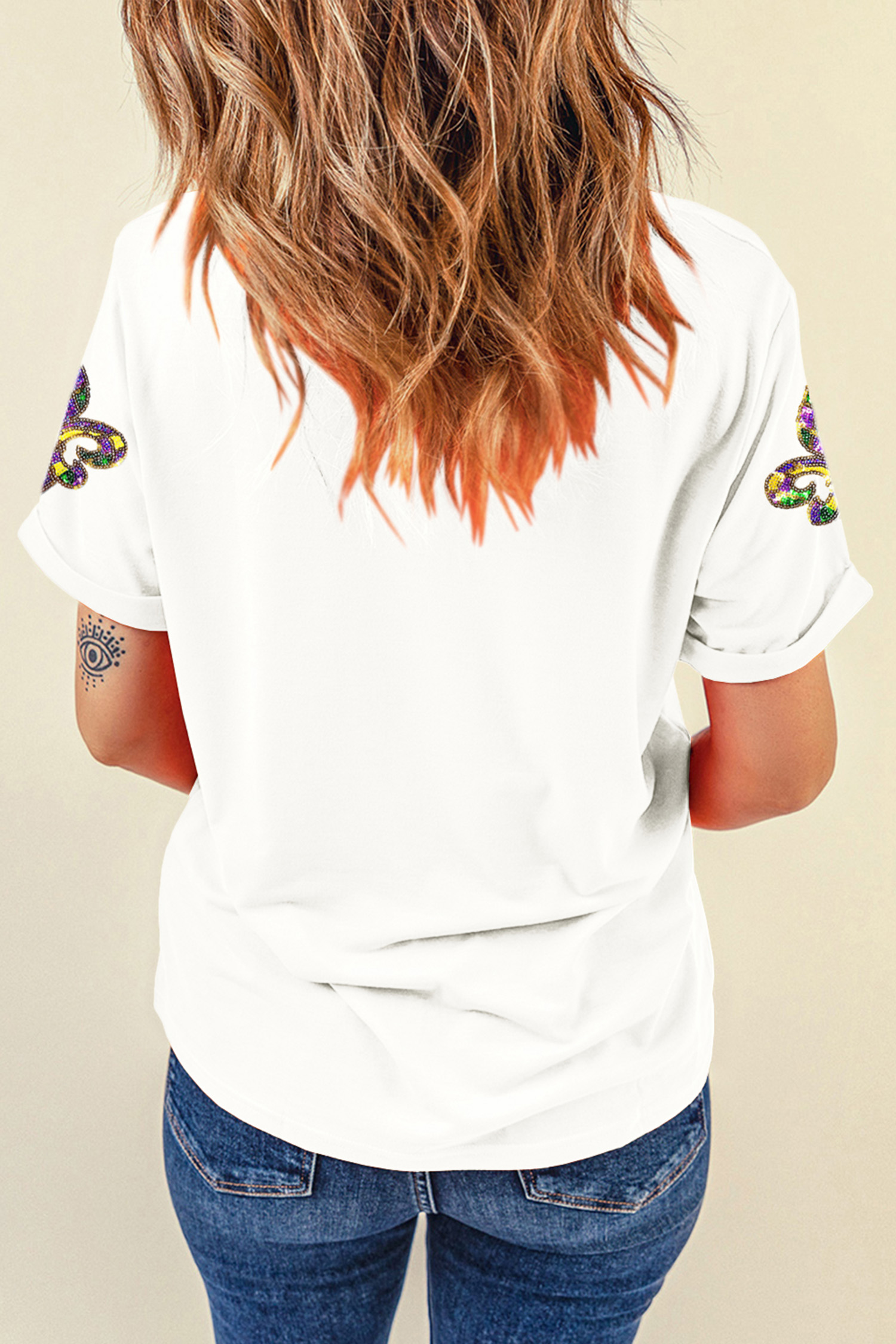 White Maid Gras Sequin Fleur de Lis Graphic T Shirt - loveforevers
