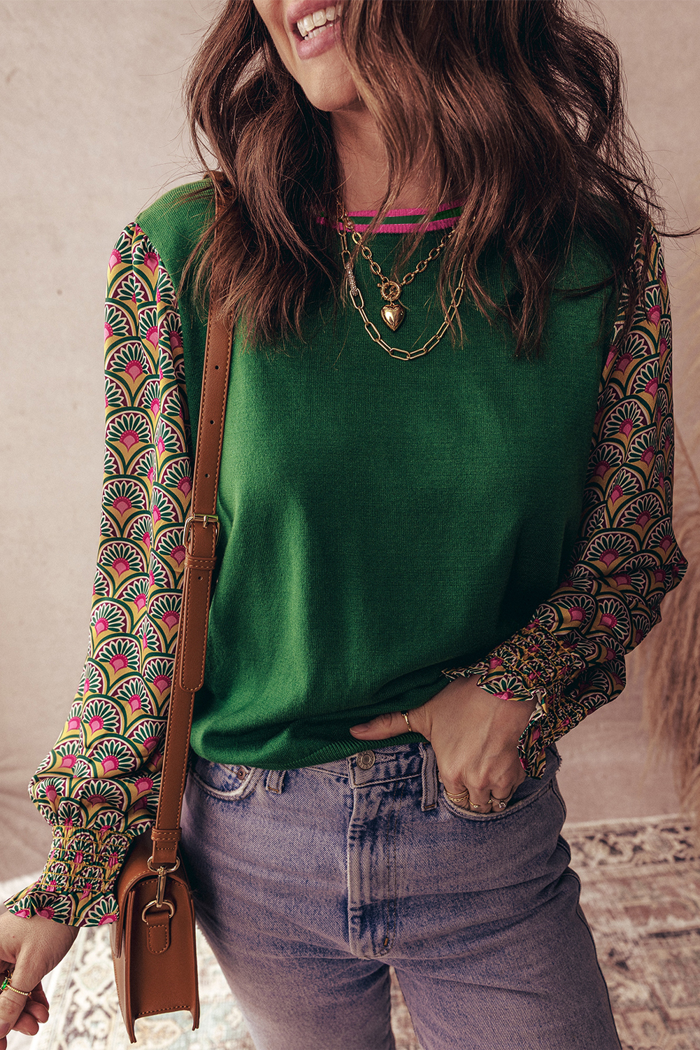 Blackish Green Floral Patchwork Shirred Cuff Puff Sleeve Sweater - loveforevers
