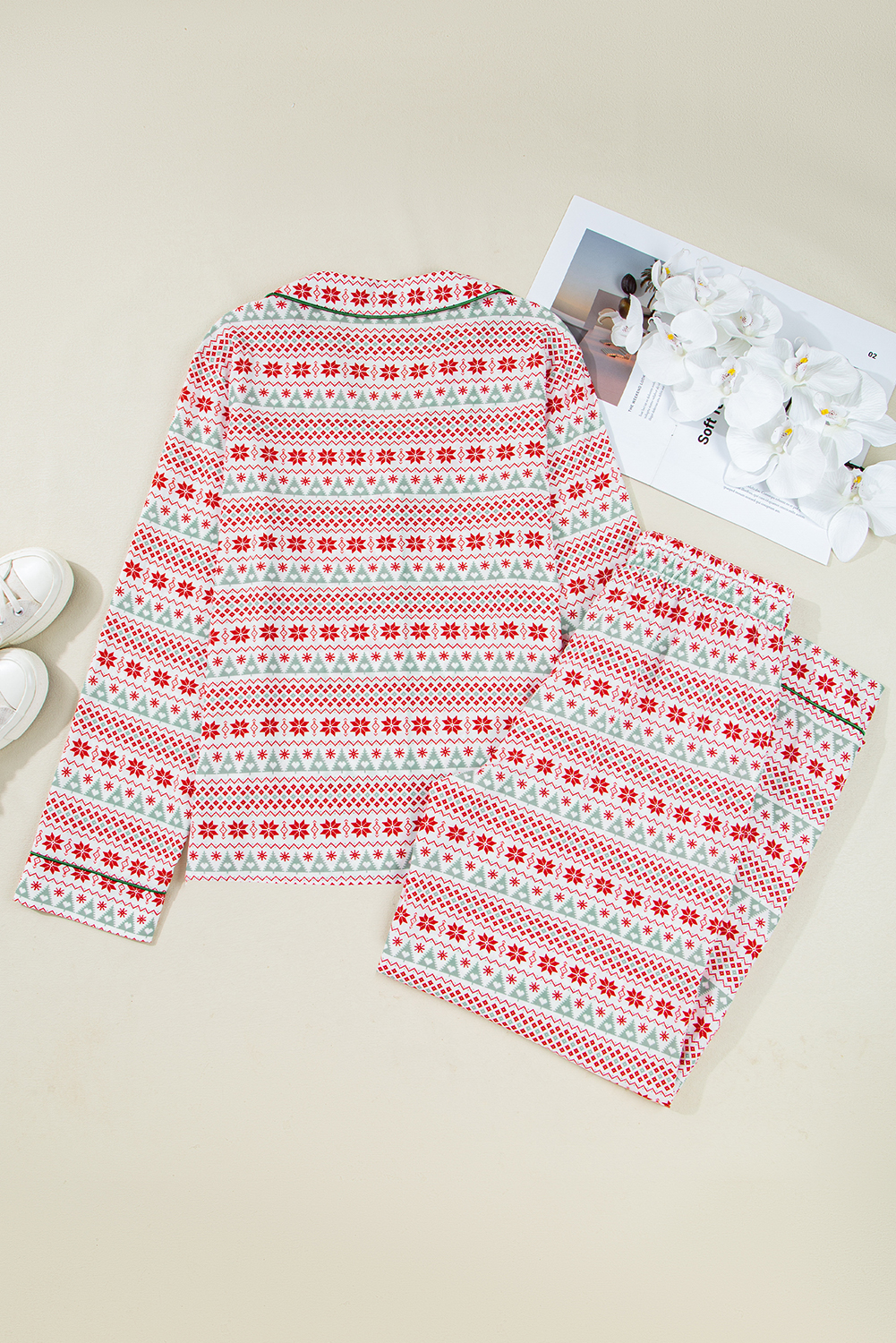 White Christmas Pattern Print Shirt Style Long 2pcs Pajama Set - loveforevers