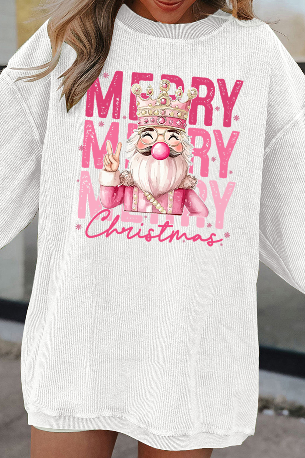 White Twisted Ribbed Merry Christmas Nutcracker King Printed Sweatshirt - loveforevers