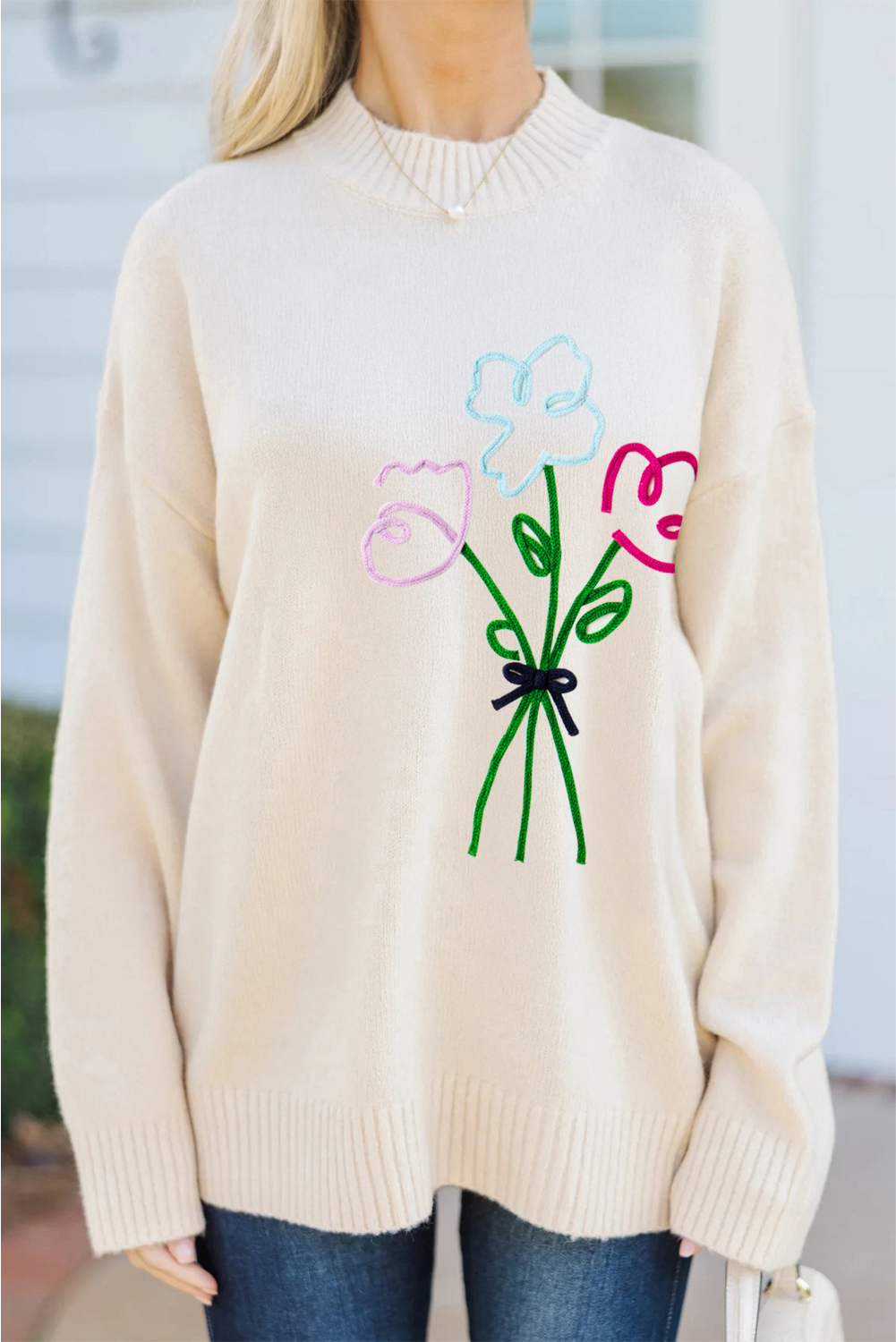 White Embroidered Flower Bouquet Ribbed Trim Loose Sweater - loveforevers